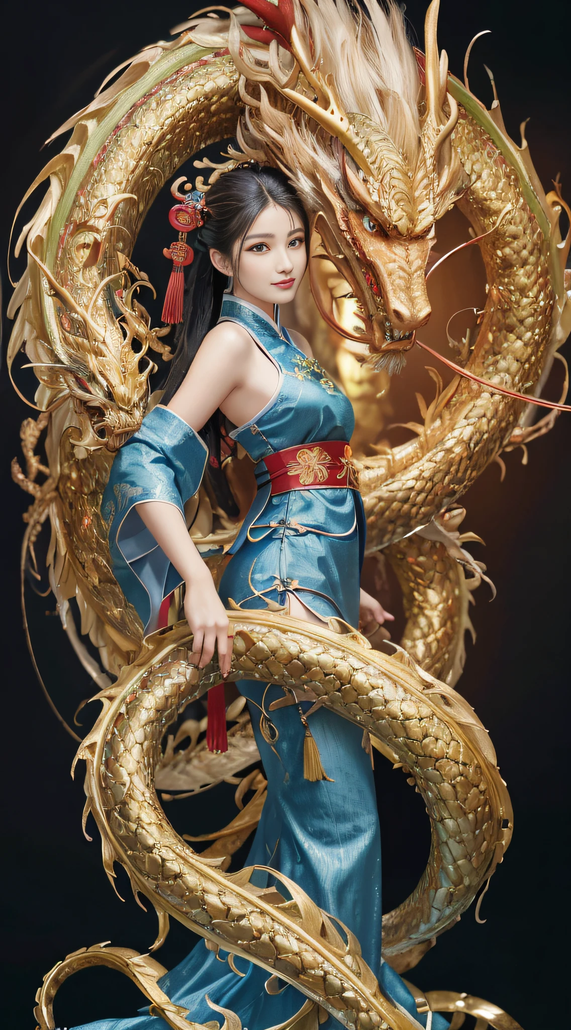 Zhong Fenghua, gorgeous hanfu, official art, Unity 8k wallpaper, super detailed, beautiful beauty, masterpiece, best quality, (tangled, tangled, tangled), (fractal art: 1.4), (character center: 1.3), 1 girl, dragon  girl, dragon foot inserted into , back in ,dragon foot pierced , shocking domineering chinese dragon, detailed dragon head, black hair, long ponytail, Chinese, off-the-shoulder,, very detailed, dynamic angle, denim shot, (most beautiful form of chaos), ethereal, (bright colors), oc , (half: 1.2), China, (Thangka Feitian: 1.5), (Ribbon: 1.3), (Dream: 1.5), (Hanfu: 1.5), Chinese dragon, Chinese phoenix, (smile: 0.5), (Chinese god), (masterpiece, top quality, best quality, ultimate detail, highest detail, official art, beauty and aesthetics: 1.2), golden ratio, full composition