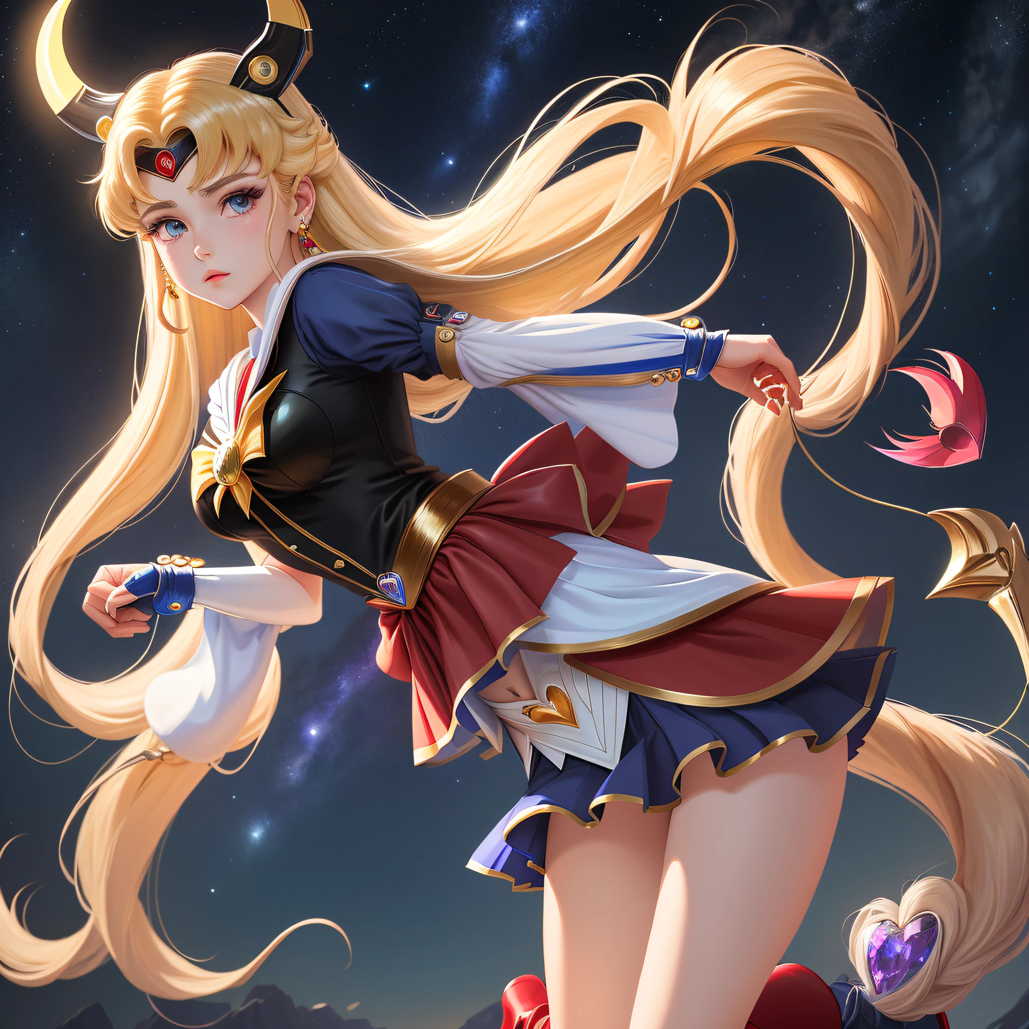 masterpiece, best quality, (1 girl), super sailor moon, cowboy shot, night sky, moonlight, evening, white gloves, blue eyes, galaxy background, multicolored clothes, sailor senishi uniform, heart-shaped bow scepter, multicolored skirt, hair ornament, red bow, brooch, heart brooch, earrings, crescent, heart necklace, heart, very long hair, crescent moon, crescent earrings, headgear, yellow necklace, boots, knee boots, red shoes, miniskirt, long legs, King Glory illustration, King Honor game original drawing. Game characters.