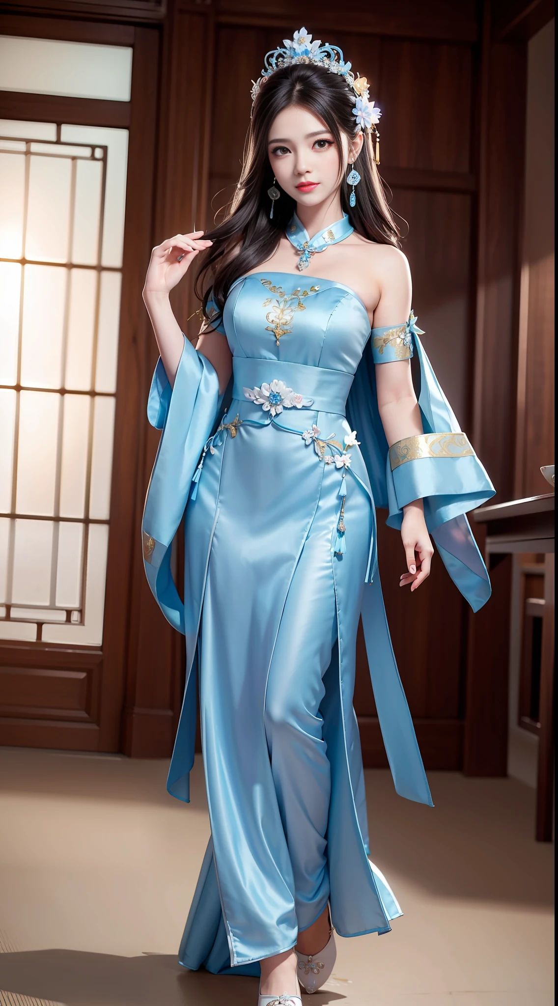 Best Quality, Masterpiece, High Resolution, 1girl, Blue Chinese Wedding Dress, Hair Accessories, Necklace, Jewelry, Beautiful Face, upon_body, Tyndall Effect, Realistic, Edge Lighting, Two-tone Lighting, (High Detail Skin: 1.2), 8k UHD, DSLR Camera, Soft Lighting, High Quality, Volume Lighting, Frank, Photo, High Resolution, 4K, 8K, Bokeh, Full Body, Full Body Shot