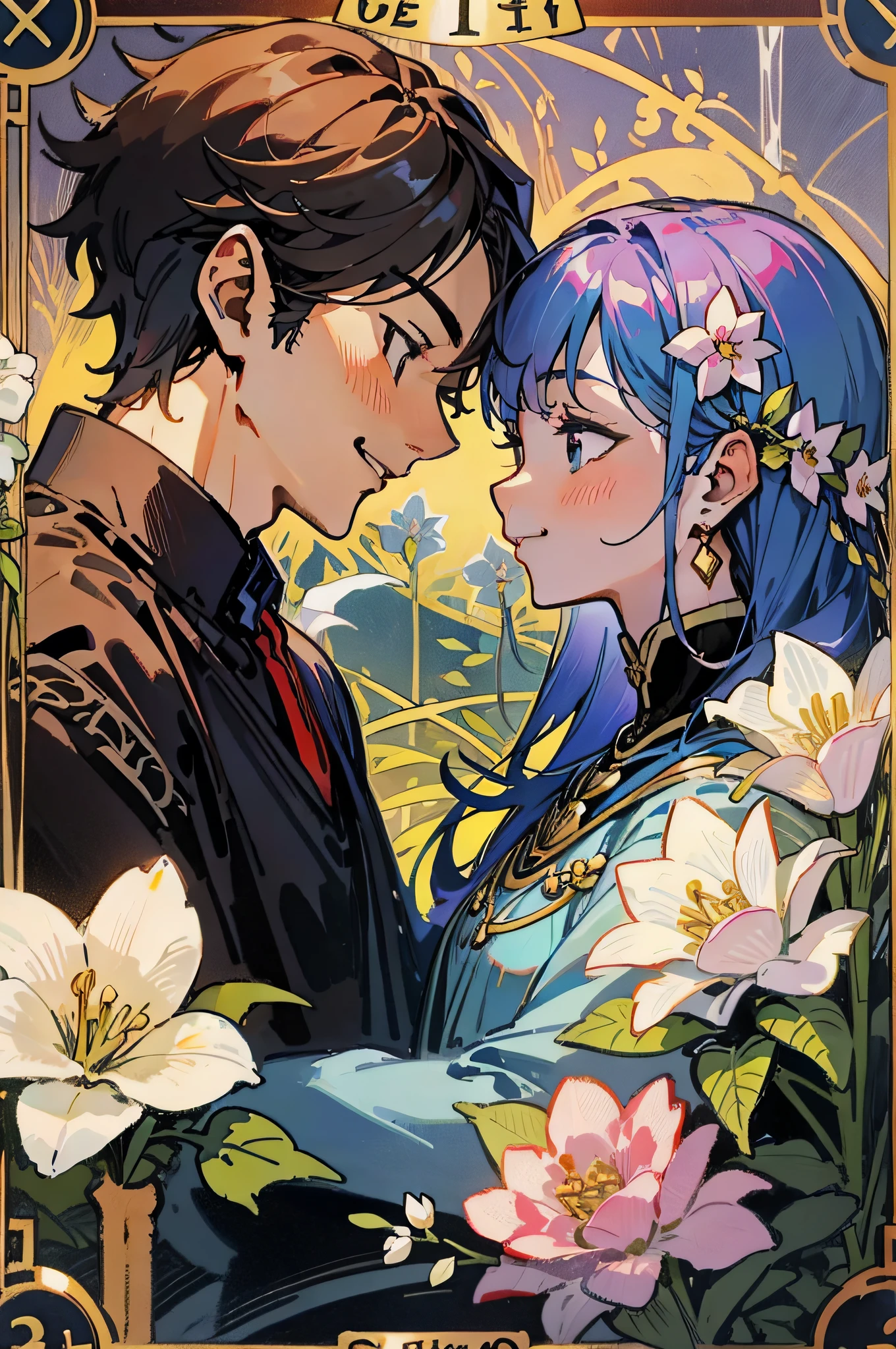 tarot card, couple, smile, lover, profile, look at each other, flowers at the background