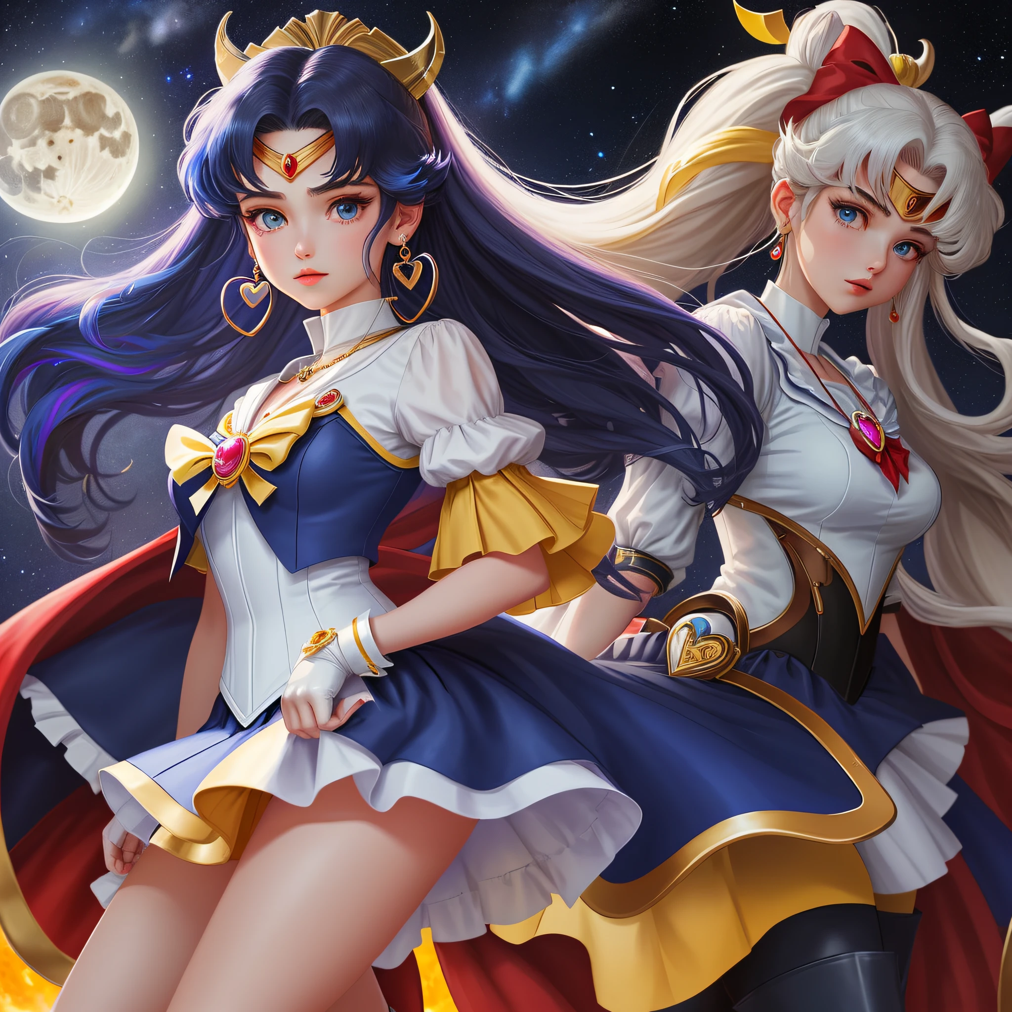 masterpiece, best quality, (1 girl), super sailor moon, cowboy shot, night sky, moonlight, evening, white gloves, blue eyes, galaxy background, multicolored clothes, sailor senishi uniform, heart-shaped bow scepter, multicolored skirt, hair ornament, red bow, brooch, heart brooch, earrings, crescent, heart necklace, heart, very long hair, crescent moon, crescent earrings, headgear, yellow necklace, boots, knee boots, red shoes, miniskirt, long legs, King Glory illustration, King Honor game original drawing. Game characters.