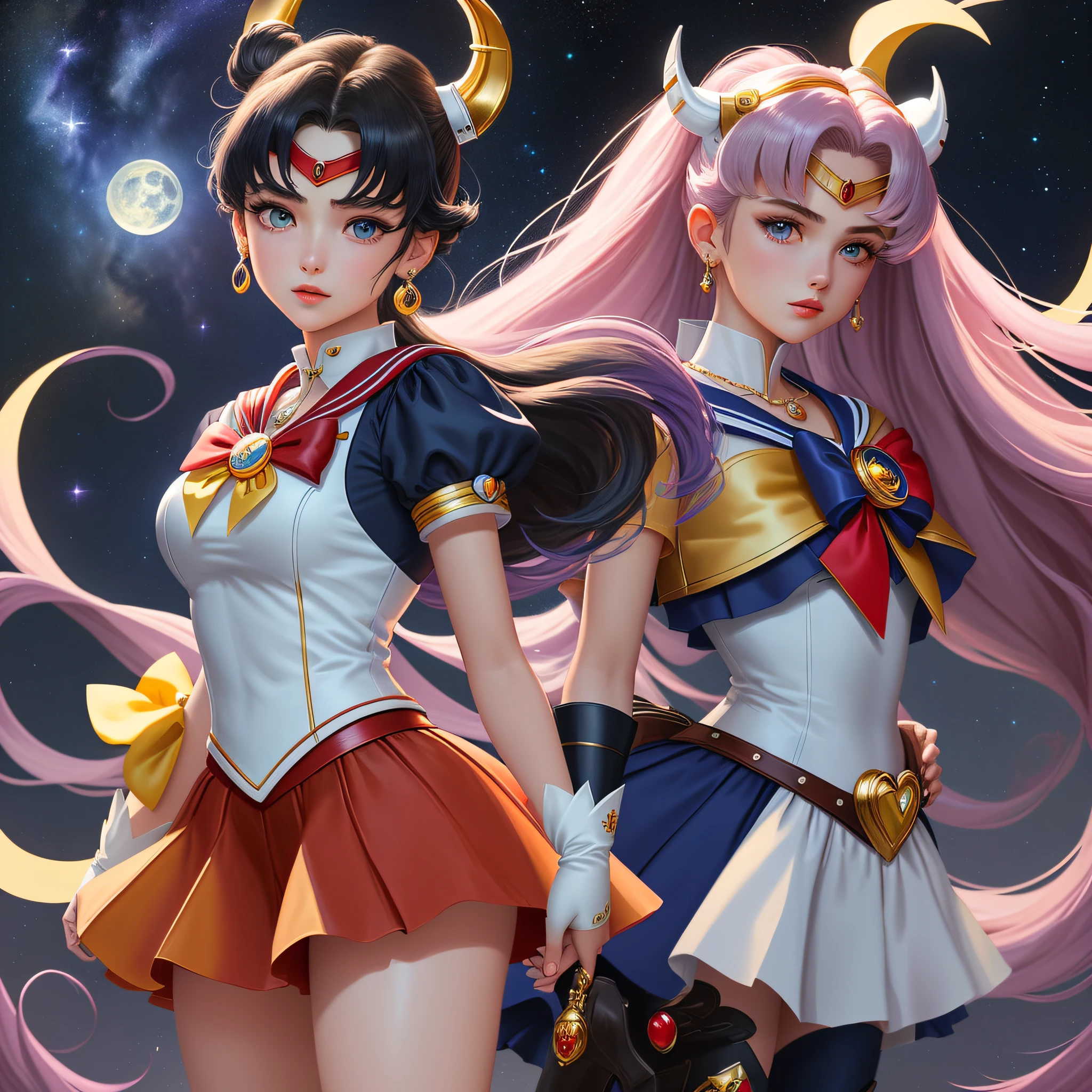 masterpiece, best quality, (1 girl), super sailor moon, cowboy shot, night sky, moonlight, evening, white gloves, blue eyes, galaxy background, multicolored clothes, sailor senishi uniform, heart-shaped bow scepter, multicolored skirt, hair ornament, red bow, brooch, heart brooch, earrings, crescent, heart necklace, heart, very long hair, crescent moon, crescent earrings, headgear, yellow necklace, boots, knee boots, red shoes, miniskirt, long legs, King Glory illustration, King Honor game original drawing. Game characters.