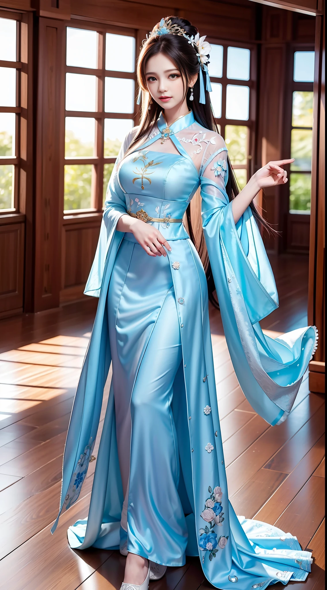Best Quality, Masterpiece, High Resolution, 1girl, Blue Chinese Wedding Dress, Hair Accessories, Necklace, Jewelry, Beautiful Face, upon_body, Tyndall Effect, Realistic, Edge Lighting, Two-tone Lighting, (High Detail Skin: 1.2), 8k UHD, DSLR Camera, Soft Lighting, High Quality, Volume Lighting, Frank, Photo, High Resolution, 4K, 8K, Bokeh, Full Body, Full Body Shot
