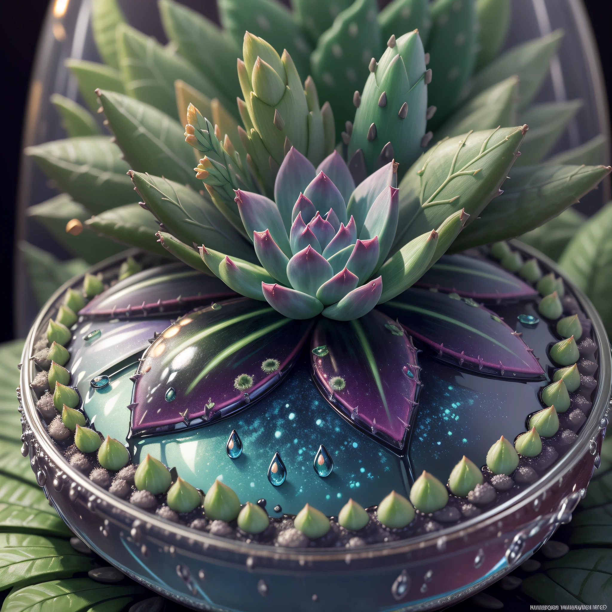 (macro), (night scene), (multiple colored succulents in glass jar), (macro photography), (concept art style), (flash, error view), (close-up, outline), f/16, (ultra hd image quality), (ultra detail), (firefly), (increase depth) (size contrast) (mysterious)(water droplets on leaves) (dreamy)
