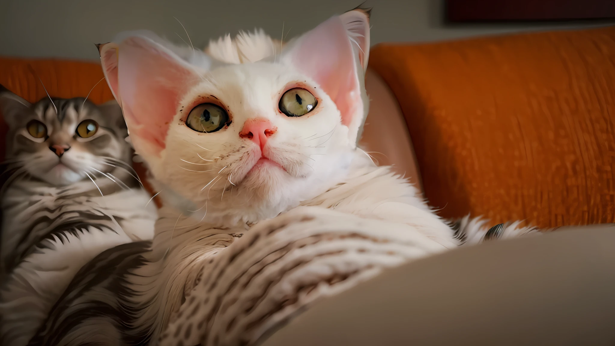 Devon curly cat sitting on a lazy couch holding coffee