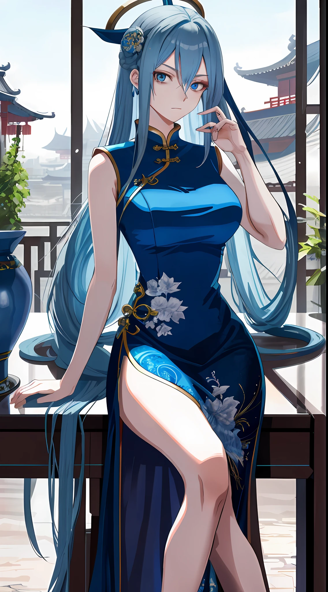 Adult woman, long blue hair, blue eyes, Chinese dress, fan, haughty look, masterpiece, high quality