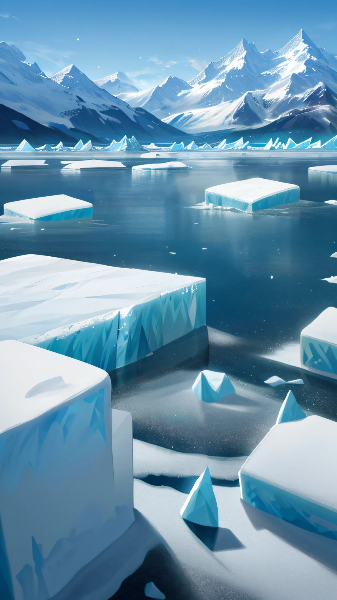 Ice cubes floating on the ocean, glaciers, snow blocks nearby, snow-capped mountains in the distance,