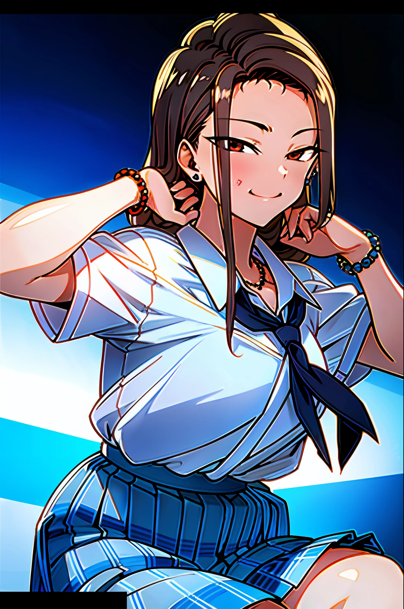 1girl, Marin Kitagawa, long hair, blonde, red eyes, piercings, earrings, piercings, stud earrings, black necklace, loose tie, school uniform, white collar shirt, (blue skirt:1.1), pleated skirt, plaid skirt, bead bracelet, wrist tightening, long nails, grin, , (masterpiece: 1.2), high resolution, best quality, 8k, very clear