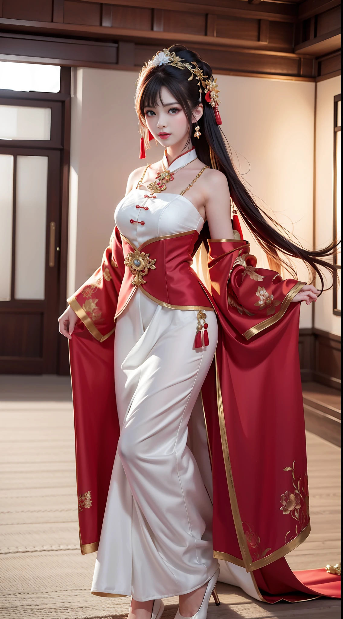 Best Quality, Masterpiece, High Resolution, 1girl, Red Chinese Wedding Dress, Hair Accessories, Necklace, Jewelry, Beautiful Face, upon_body, Tyndall Effect, Realistic, Edge Lighting, Two-tone Lighting, (High Detail Skin: 1.2), 8k UHD, DSLR, Soft Lighting, High Quality, Volume Lighting, Frank, Photo, High Resolution, 4K, 8K, Bokeh, Full Body, Full Body Shot