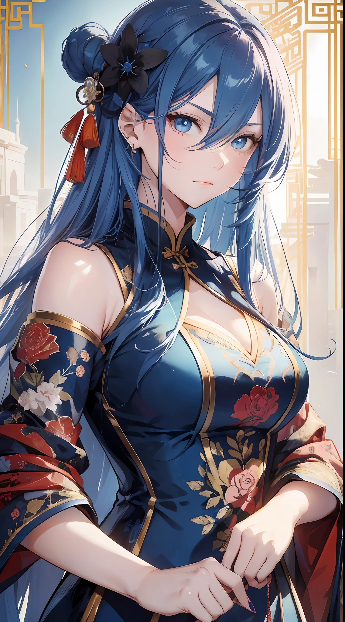Adult woman, long blue hair, blue eyes, Chinese dress, fan, haughty look, masterpiece, high quality