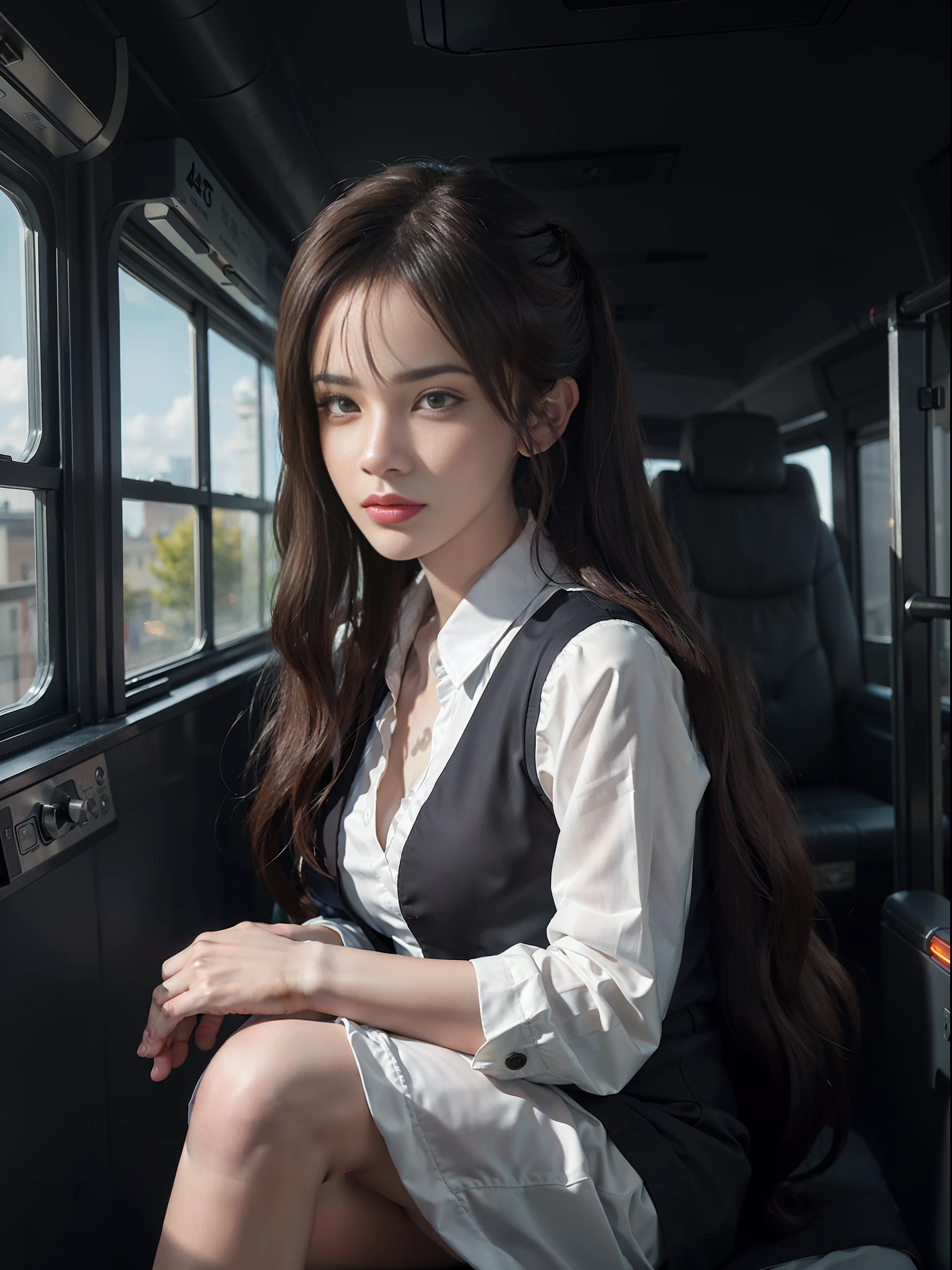 Surrealist female portrait, fantasy art, photorealism, dynamic lighting, artstation, poster, volumetric lighting, very detailed faces, 4k, award-winning, 1girl, in the bus, deep shadows, bright environment during the day, white T-shirt (formal wear: 1.4), black sweatpants, (formal wear: 1.4), long hair.
