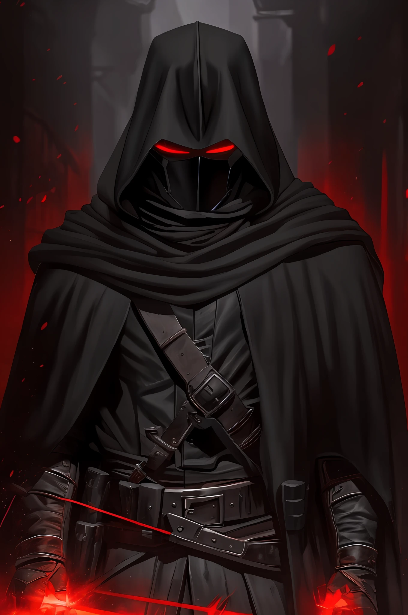 Cowboy, black cloak, black hat, black gang on, bounty hunter, man gallows in the background, black mask, face not visible, red glowing eyes, gray skin, black shirt