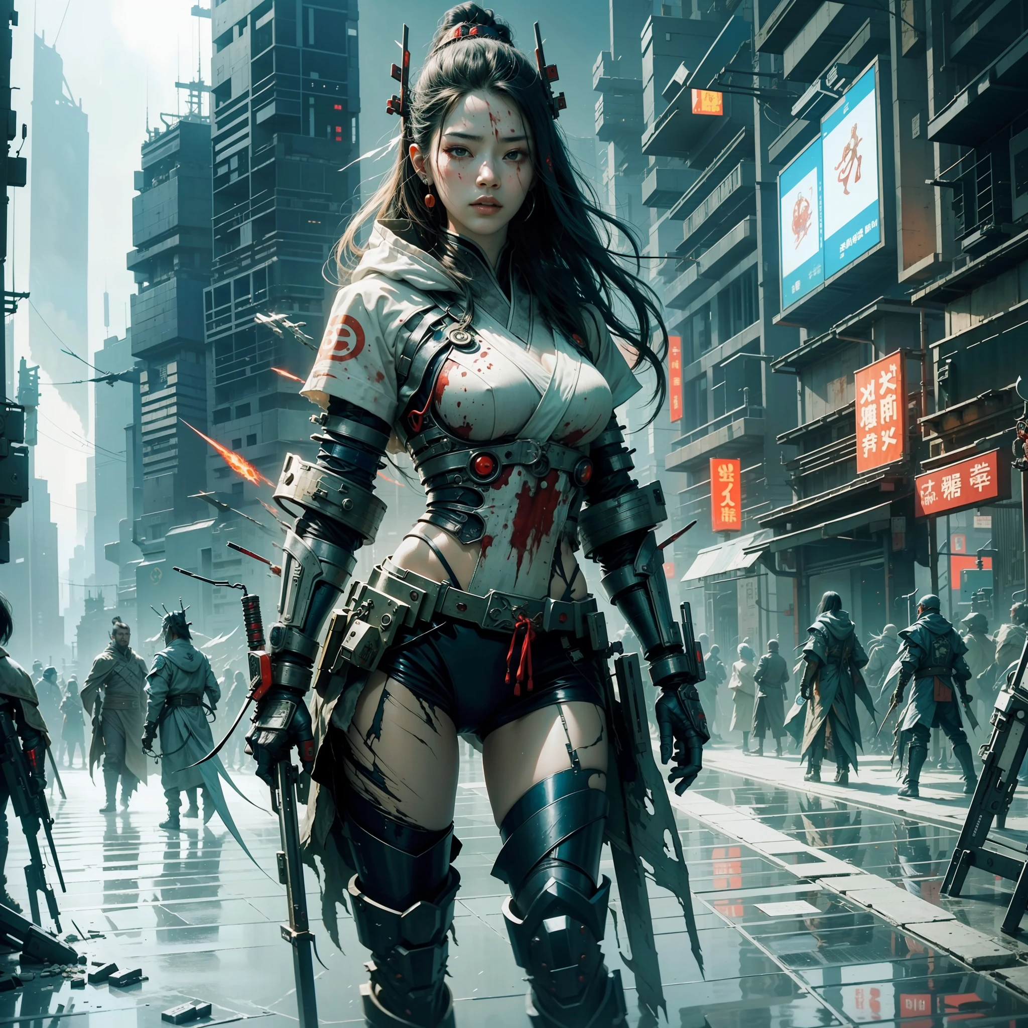 An ancient Chinese boy, hooded head, full body, amazing facial features, blood stains, sharp eyes, cyberpunk, holographic aura, surreal sci-fi art, futuristic sci-fi aesthetics, broken Hanfu, mecha, complex design, game model, movie edge light, delicate light, masterpiece, ultra-detailed, epic composition, super HD, high quality, highest quality, 32k --niji 5