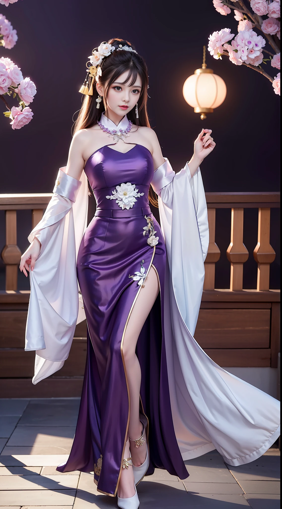 Best Quality, Masterpiece, High Resolution, 1girl, Purple Chinese Wedding Dress, Hair Accessories, Necklace, Jewelry, Beautiful Face, upon_body, Tyndall Effect, Realistic, Edge Lighting, Two-tone Lighting, (High Detail Skin: 1.2), 8k UHD, DSLR Camera, Soft Lighting, High Quality, Volume Lighting, Frank, Photo, High Resolution, 4K, 8K, Bokeh, Full Body, Full Body Shot