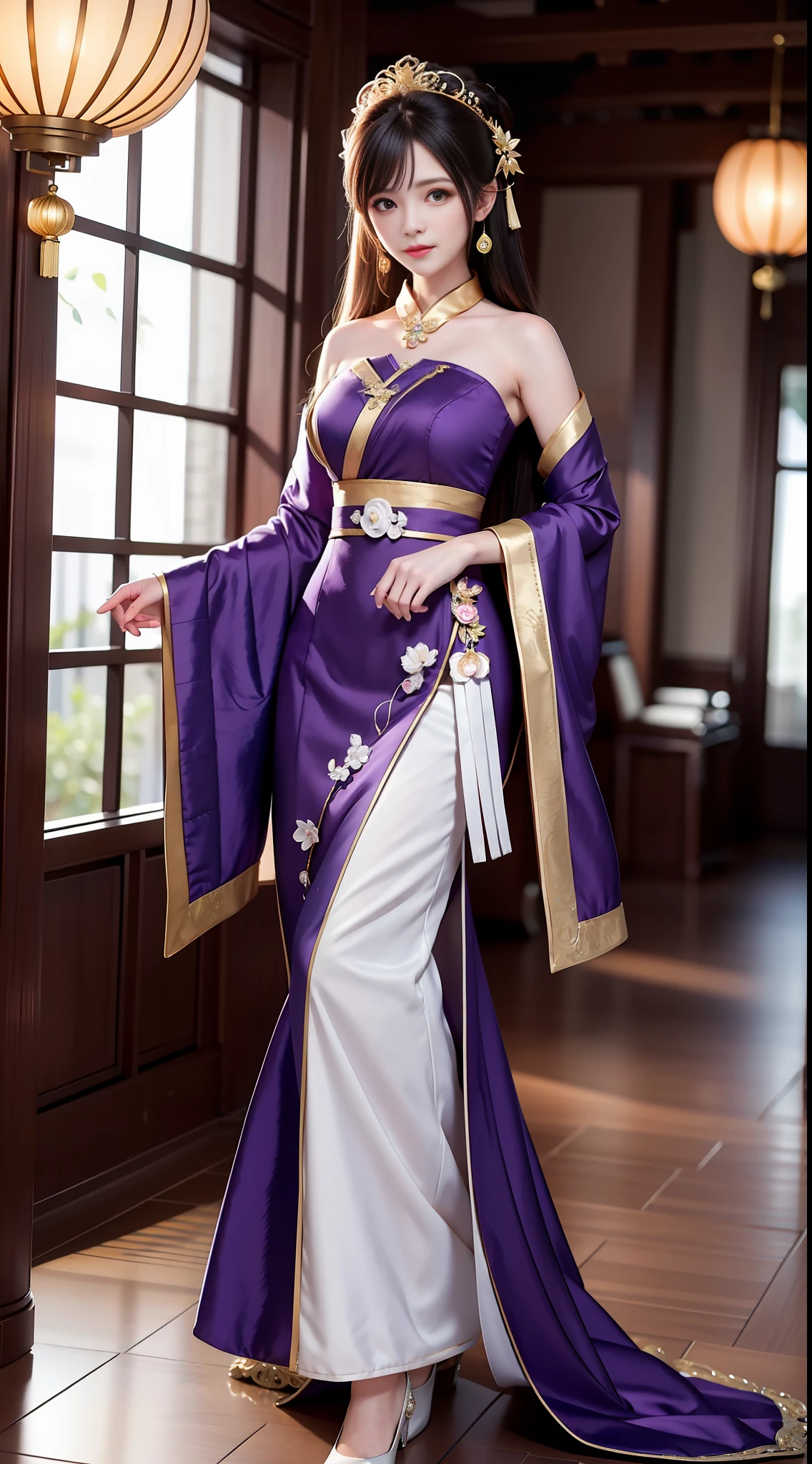 Best Quality, Masterpiece, High Resolution, 1girl, Purple Chinese Wedding Dress, Hair Accessories, Necklace, Jewelry, Beautiful Face, upon_body, Tyndall Effect, Realistic, Edge Lighting, Two-tone Lighting, (High Detail Skin: 1.2), 8k UHD, DSLR Camera, Soft Lighting, High Quality, Volume Lighting, Frank, Photo, High Resolution, 4K, 8K, Bokeh, Full Body, Full Body Shot