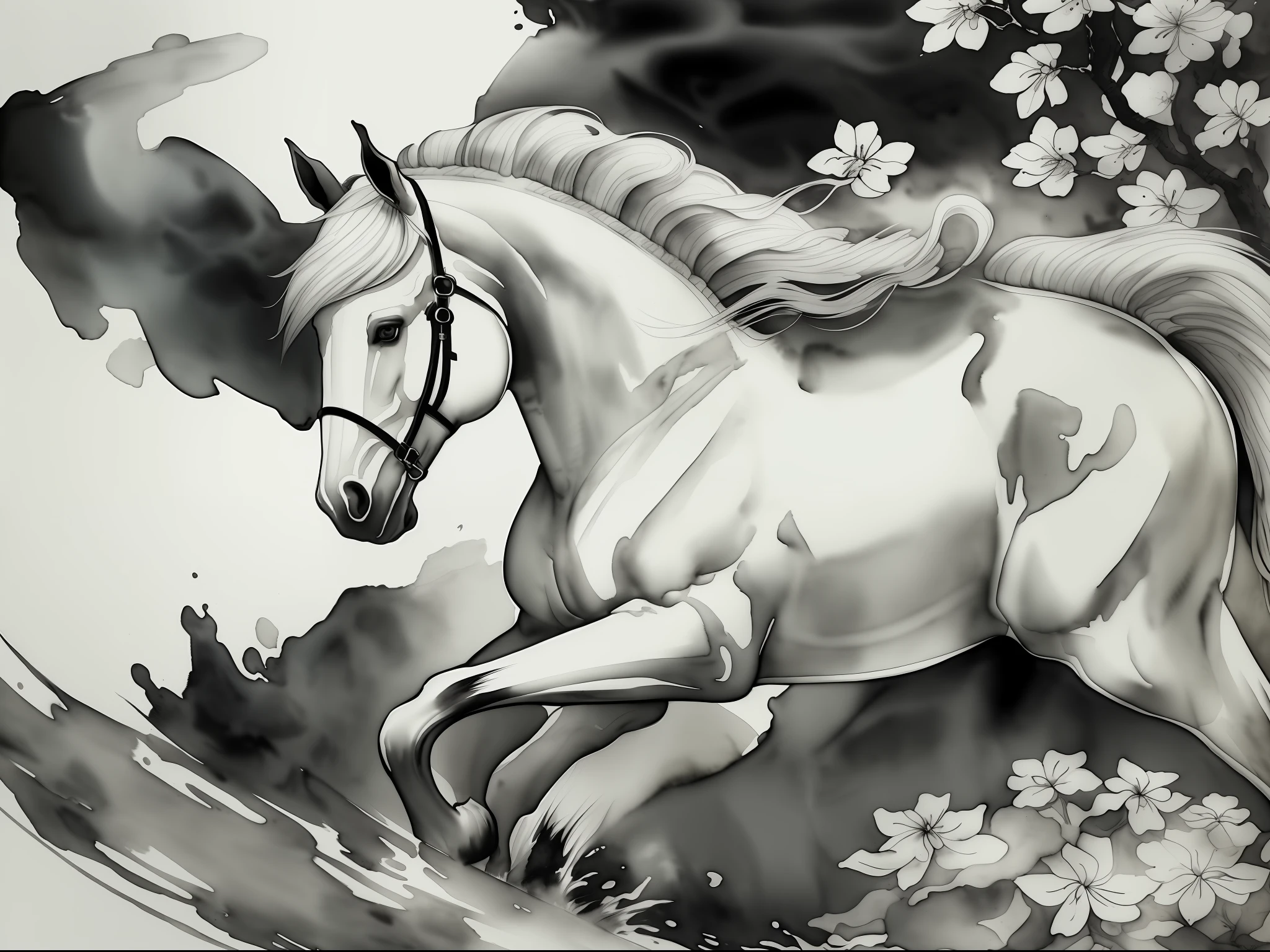 Illustration of a horse, illustration, (((close-up of the horse))), (((white horse))), running, (((black and white watercolor))), forest scene, forest background elements, sky, nature, flowers, Chinese painting style, Chinese watercolor style, traditional Chinese ink painting, traditional Chinese painting, Chinese ink painting, traditional Chinese art, Jin Yiwei
