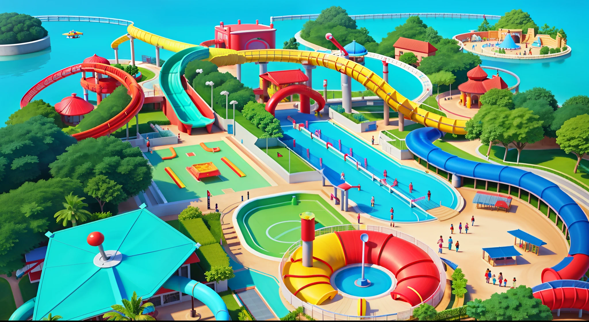 Aerial view of park with water slides and water park, children's playground, city playground, aerial view, cartoon 3d, amusement park interior design, aerial view, Disney, Pixar
