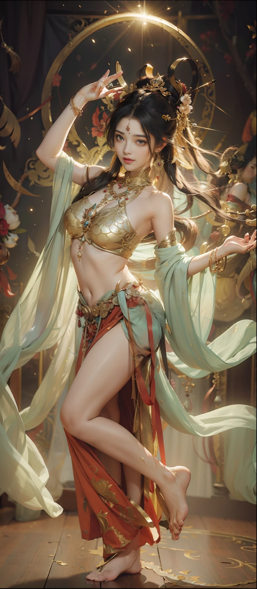 Dunhuang style, 1girle, shoulders, navel, flying fairy, Dunhuang mural in background, dance, black hair, lots of hair, very long hair, intricate hair ornaments, ribbons, earrings, gold jewelry, hair bubbles, copper bells, red clothes, translucent, flowers on the head, gradient eyes, smile, barefoot, no shoes, full body portrait, surrealism, high detail, romanticism, cinematic lighting, glitter, reflected light, masterpiece, super detail, textured skin, anatomically correct, high detail, best quality, High quality, award-winning, 8K