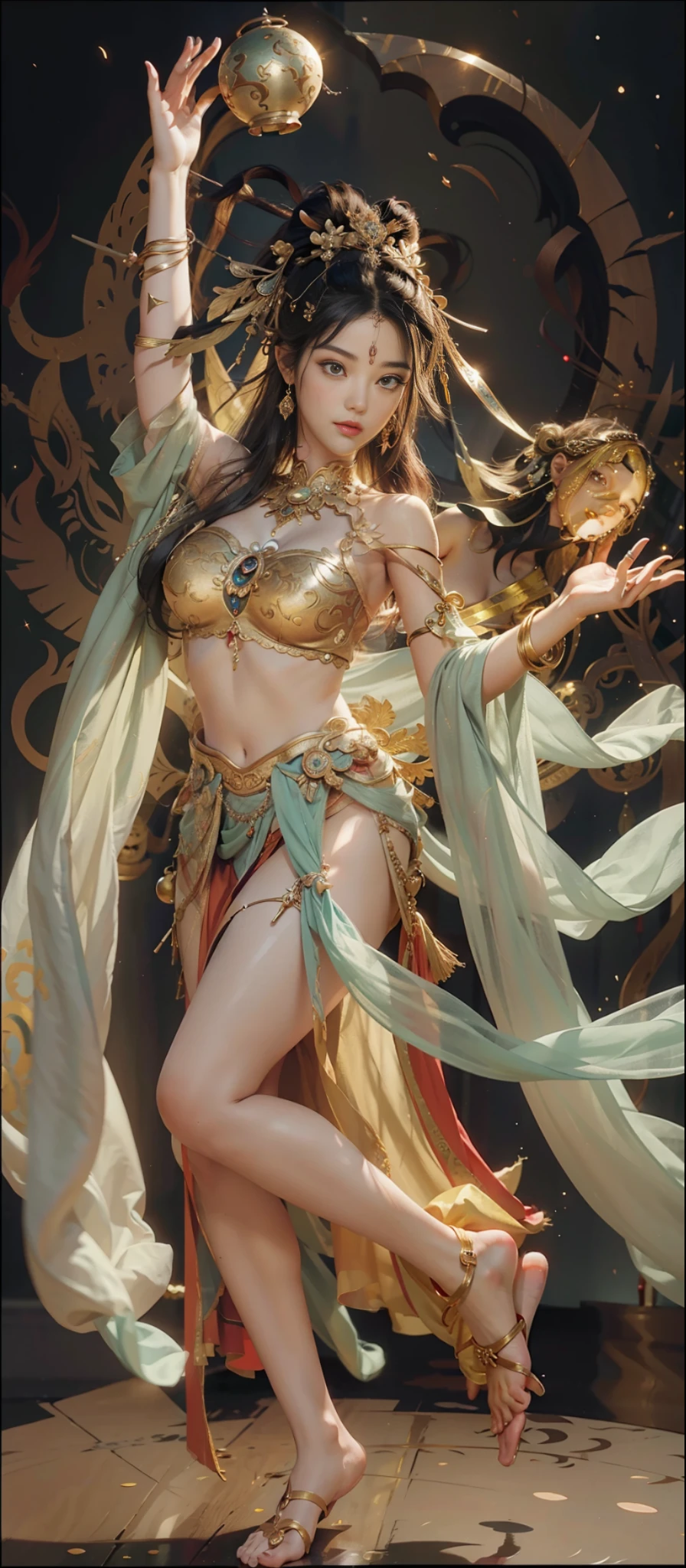 Dunhuang style, 1girle, shoulders, navel, flying fairy, Dunhuang mural in background, dance, black hair, lots of hair, very long hair, intricate hair ornaments, ribbons, earrings, gold jewelry, hair bubbles, copper bells, red clothes, translucent, flowers on the head, gradient eyes, smile, barefoot, no shoes, full body portrait, surrealism, high detail, romanticism, cinematic lighting, glitter, reflected light, masterpiece, super detail, textured skin, anatomically correct, high detail, best quality, High quality, award-winning, 8K