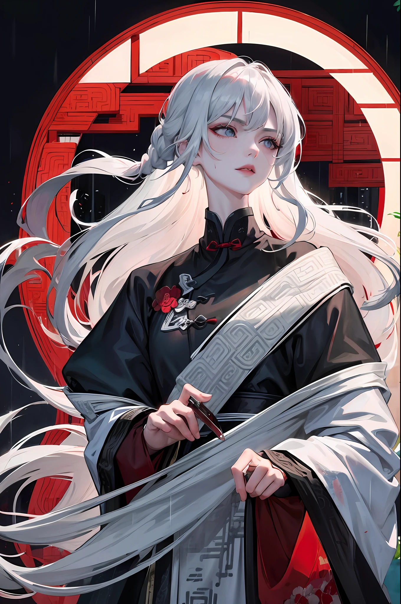 Masterpiece, Excellent, Night, Outdoor, Rainy Day, Branches, Chinese Style, Ancient China, 1 Woman, Mature Woman, Silver-White Long-Haired Woman, Gray-blue Eyes, Pale Pink Lips, Cold, Serious, Effeminate, Bangs, Assassin, Short Knife, Red, Black Pattern, Bloodstain, Blood, Wound, Blood on Face, Blood on Clothes, Rain, Fine Face, Fine Face,