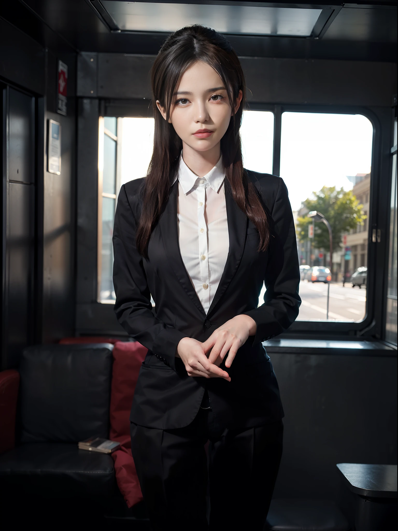 Surrealist female portrait, photorealism, dynamic lighting, artstation, poster, volumetric lighting, very detailed faces, 4k, award-winning, 1girl, in the bus, standing looking at the phone, bright environment during the day, white t-shirt (formal wear: 1.4), black sweatpants, (formal wear: 1.4), long hair.