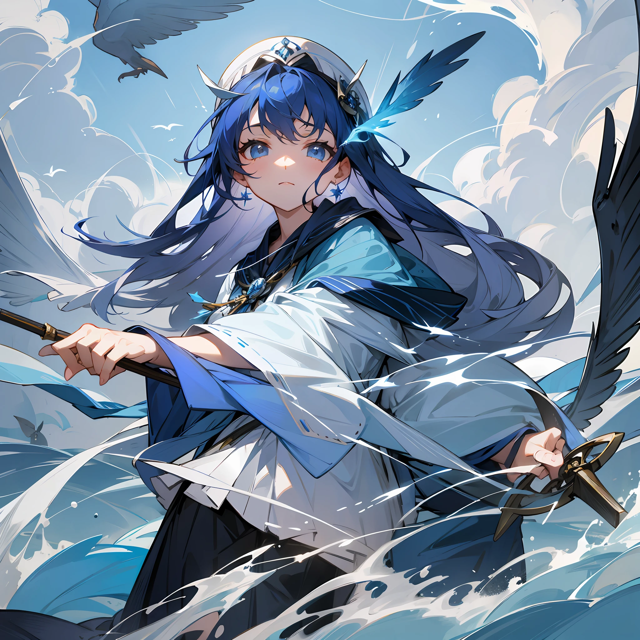 Blue seabirds on white background, seabirds with sharp eyes, rough seas, goddess holding wand to confront them --auto --s2
