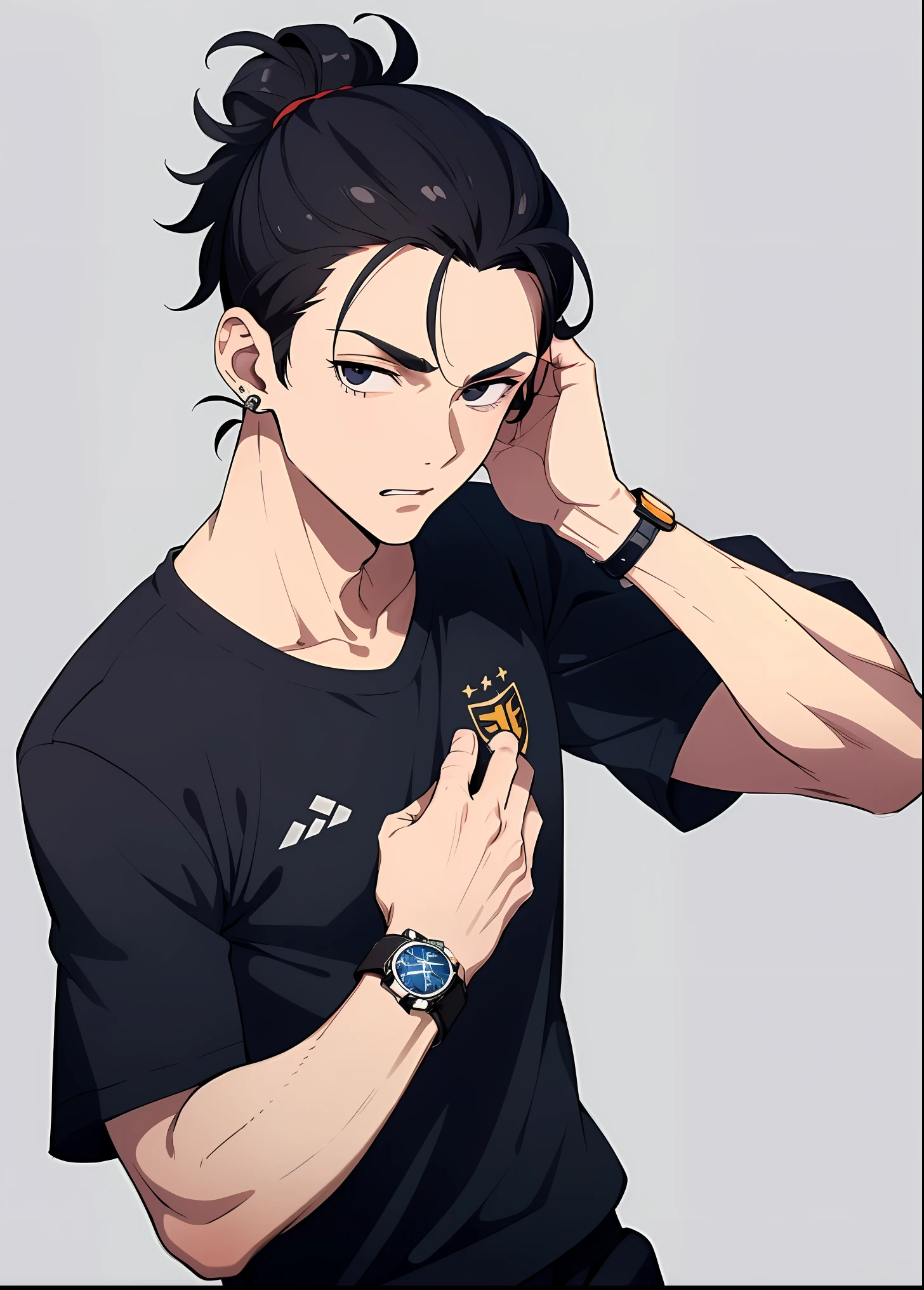 (masterpiece), (best quality), (super detail) expressive eyes, perfect face, ((man)), 1man, lazy eye, normal skin, (wearing soccer kits player), black eyes, ear piercing, man bun black hair, eyes look at the watch, look at the wristwatch, wristwatch, raise hands, (without background), (simple background)