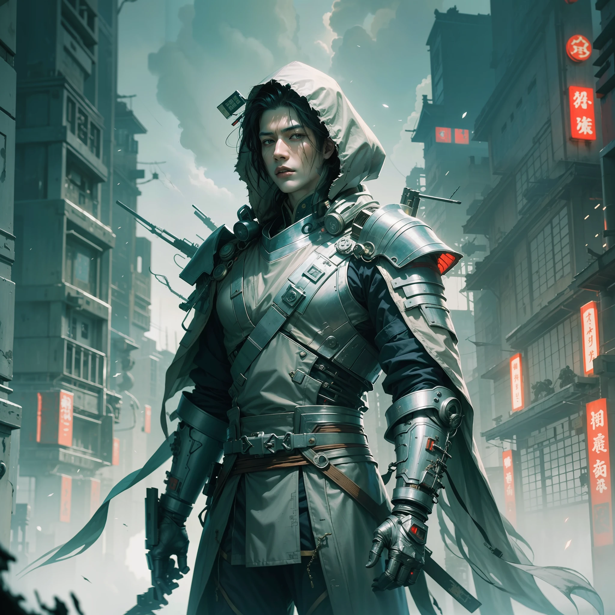 A handsome boy in ancient China, wearing a hood, full body, amazing facial features, blood stains, sharp eyes, cyberpunk, holographic aura, surreal science fiction art, futuristic science fiction aesthetics, Hanfu (tattered, torn), mecha, complex design, game model, movie edge light, delicate light, masterpiece, super detailed, epic composition, super HD, high quality, highest quality, 32k --niji 5
