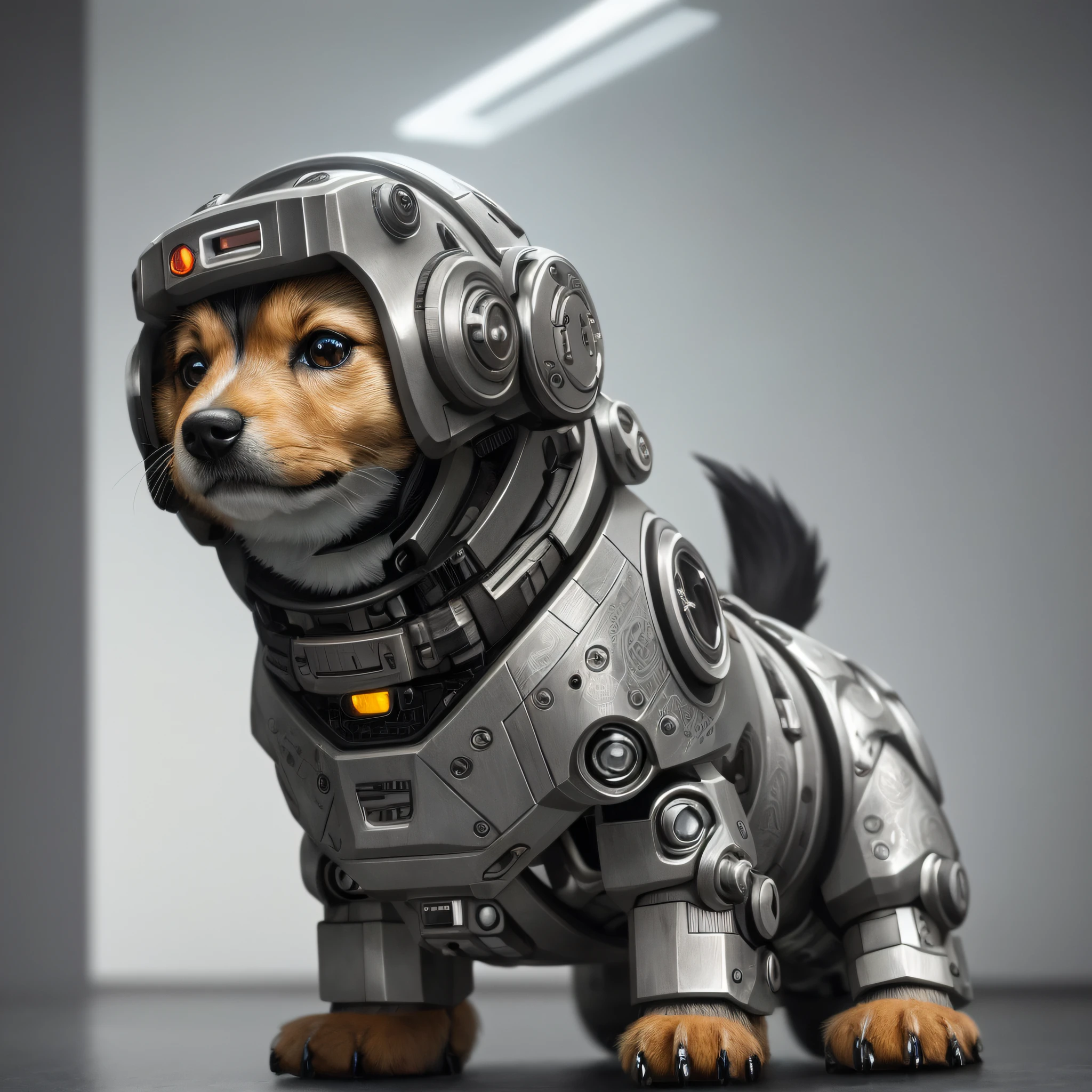 cute cybernetic corgi puppy, (cyborg:1.4), (intricate details), hdr, (intricate details, hyperdetailed:1.2), cinematic shot, centered, stark lighting, looking away from camera, hyperrealism hyperdetailed fur, real dog fur, accurate dog paws