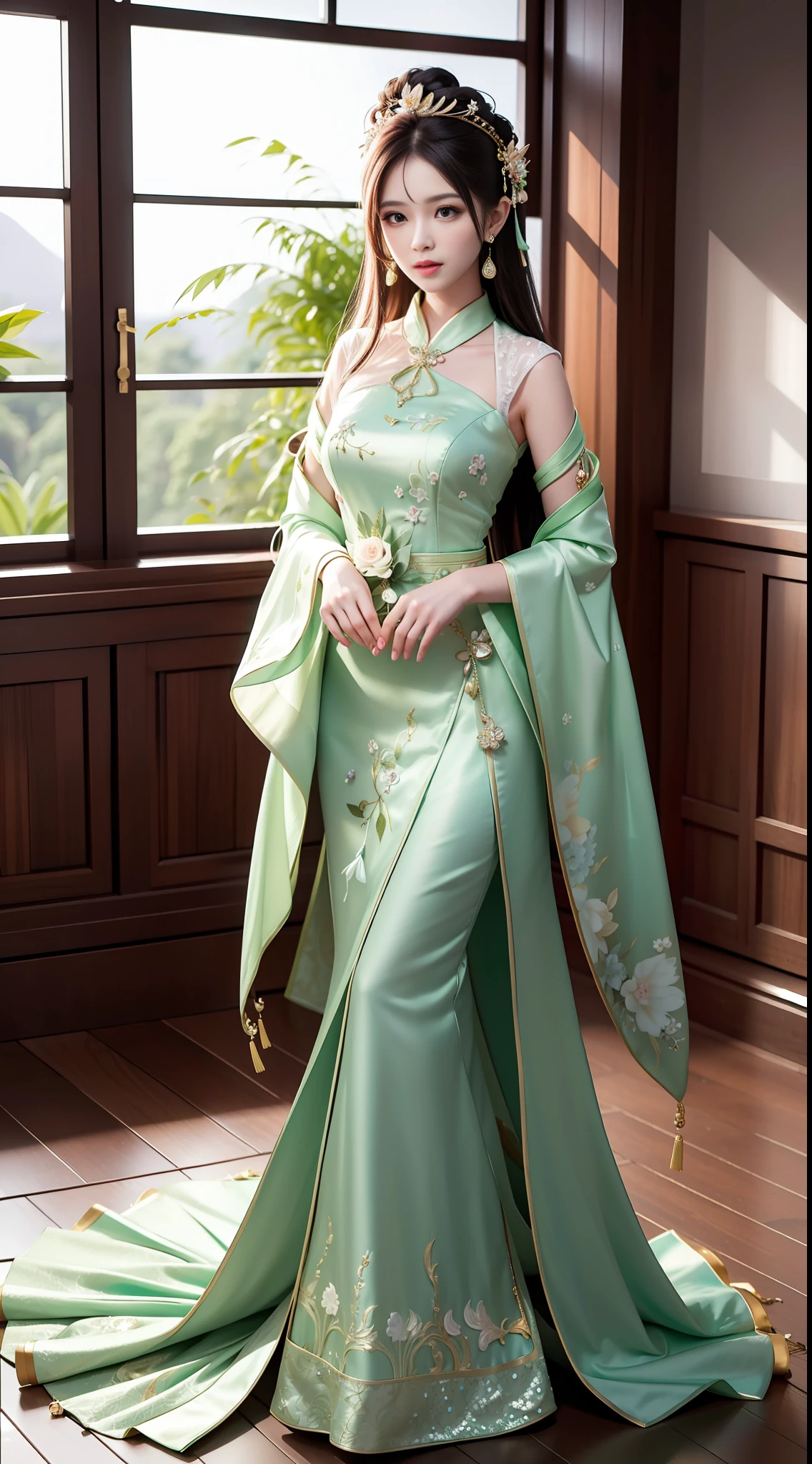 Best Quality, Masterpiece, High Resolution, 1girl, Green Chinese Wedding Dress, Hair Accessories, Necklace, Jewelry, Beautiful Face, upon_body, Tyndall Effect, Realistic, Edge Lighting, Two-tone Lighting, (High Detail Skin: 1.2), 8k UHD, DSLR Camera, Soft Lighting, High Quality, Volume Lighting, Frank, Photo, High Resolution, 4K, 8K, Bokeh, Full Body, Full Body Shot