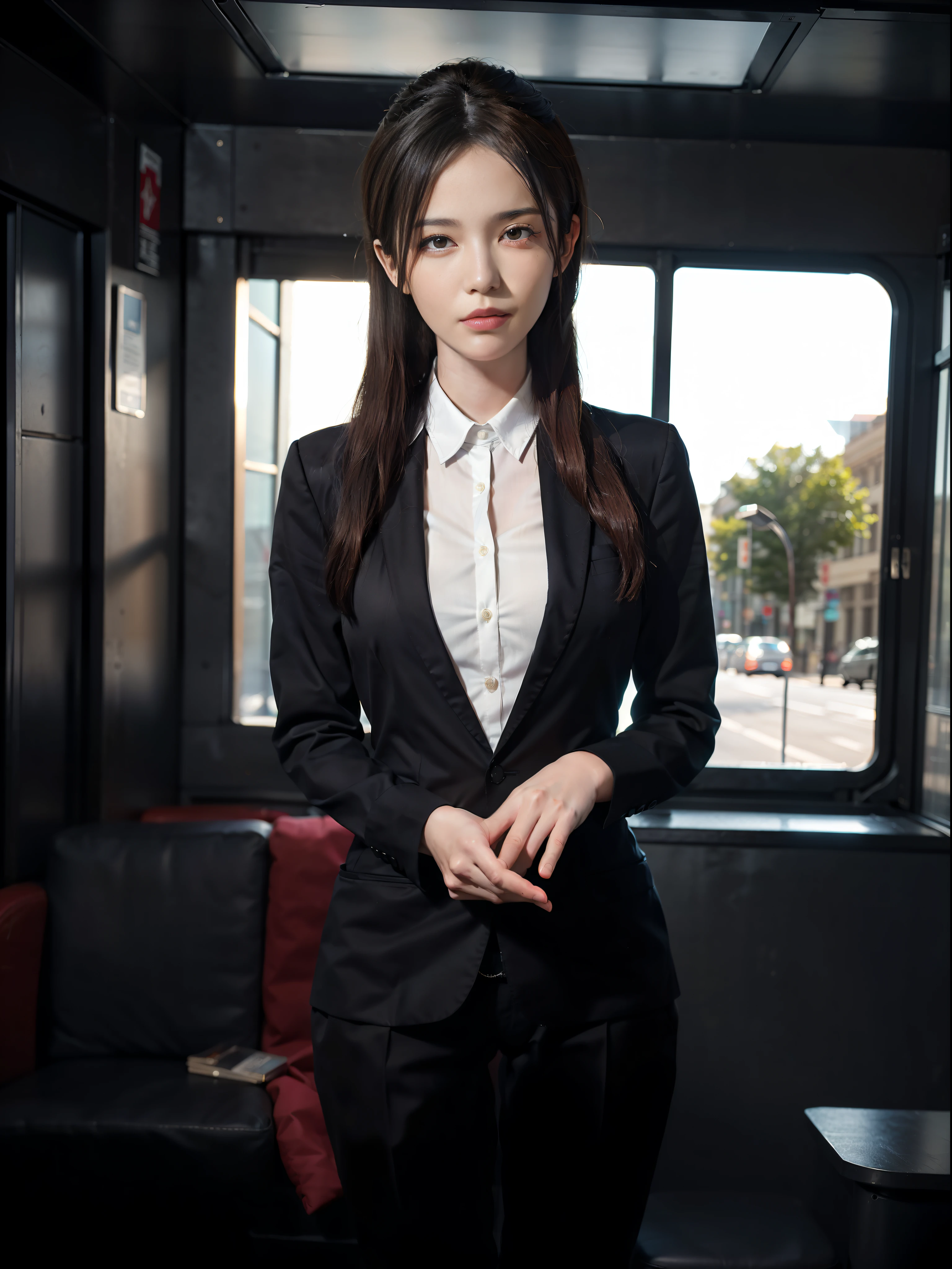 Surrealist female portrait, photorealism, dynamic lighting, artstation, poster, volumetric lighting, very detailed faces, 4k, award-winning, 1girl, in the bus, standing looking at the phone, bright environment during the day, white t-shirt (formal wear: 1.4), black sweatpants, (formal wear: 1.4), long hair.