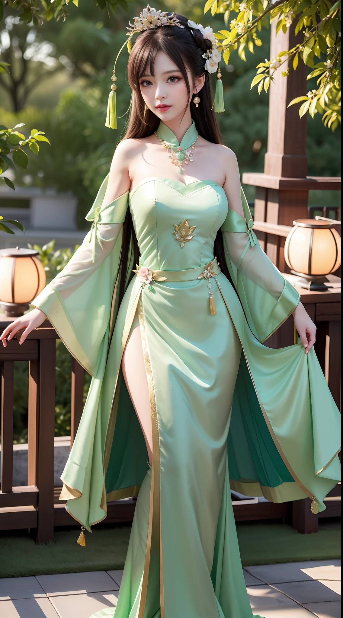 Best Quality, Masterpiece, High Resolution, 1girl, Green Chinese Wedding Dress, Hair Accessories, Necklace, Jewelry, Beautiful Face, upon_body, Tyndall Effect, Realistic, Edge Lighting, Two-tone Lighting, (High Detail Skin: 1.2), 8k UHD, DSLR Camera, Soft Lighting, High Quality, Volume Lighting, Frank, Photo, High Resolution, 4K, 8K, Bokeh, Full Body, Full Body Shot
