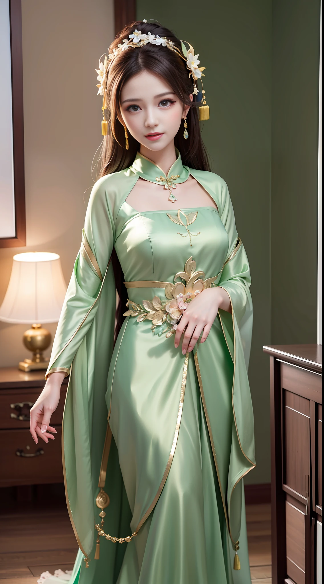 Best Quality, Masterpiece, High Resolution, 1girl, Green Chinese Wedding Dress, Hair Accessories, Necklace, Jewelry, Beautiful Face, upon_body, Tyndall Effect, Realistic, Edge Lighting, Two-tone Lighting, (High Detail Skin: 1.2), 8k UHD, DSLR Camera, Soft Lighting, High Quality, Volume Lighting, Frank, Photo, High Resolution, 4K, 8K, Bokeh, Full Body, Full Body Shot