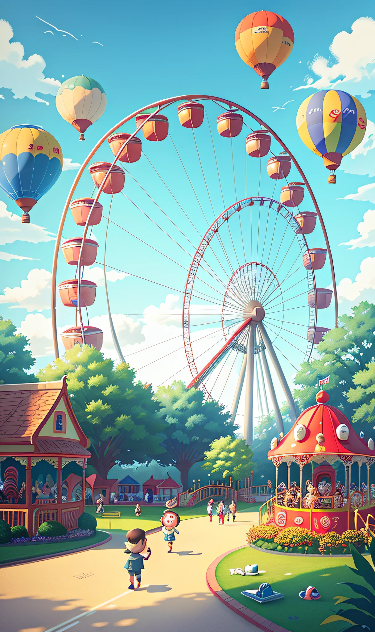 Ferris wheel, roller coaster, carousel, lots of air balloons, playground, seaside, greenery, people come and go, have fun