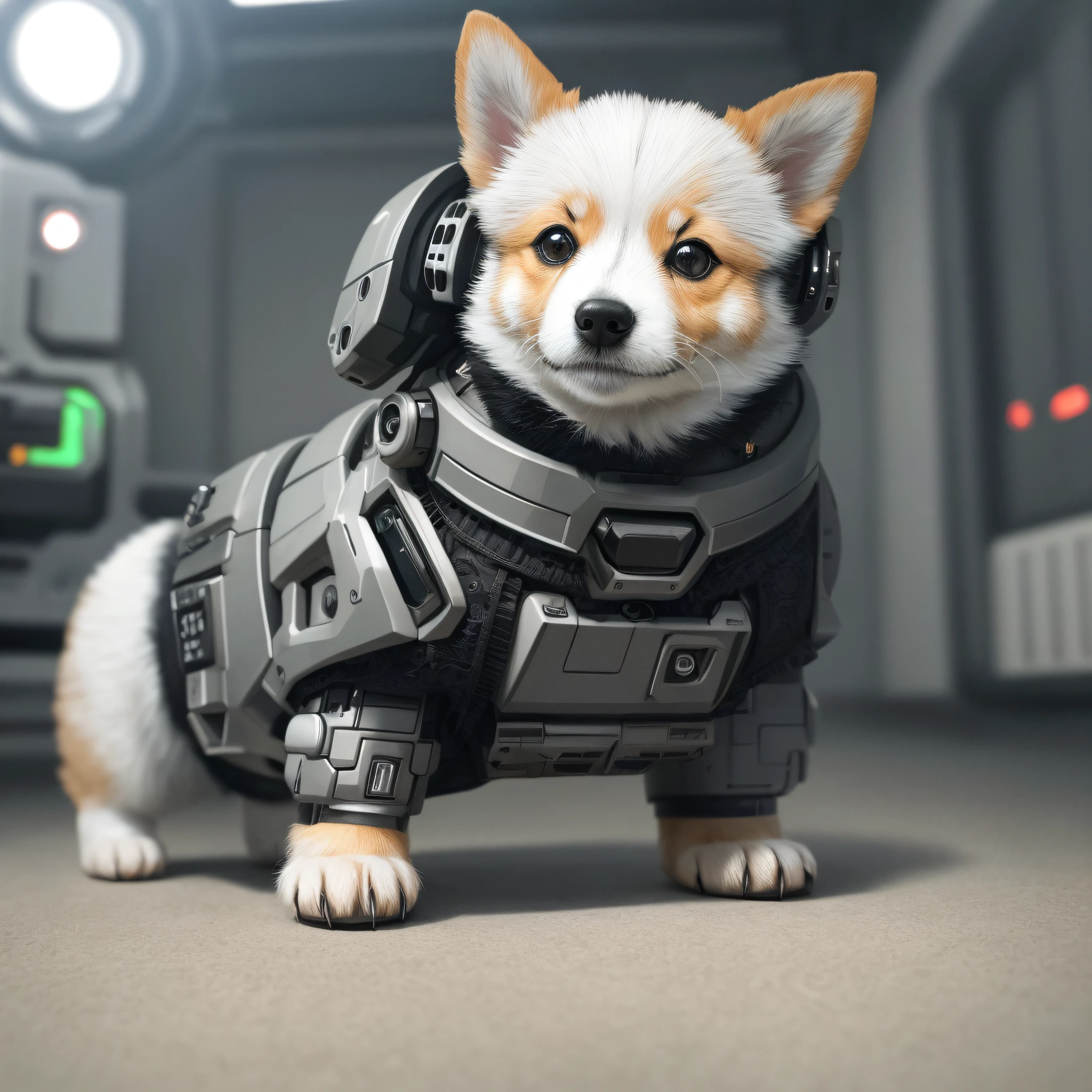 cute cybernetic corgi puppy, (cyborg:1.4), (intricate details), hdr, (intricate details, hyperdetailed:1.2), cinematic shot, centered, stark lighting, looking away from camera, hyperrealism hyperdetailed fur, real dog fur, accurate dog paws