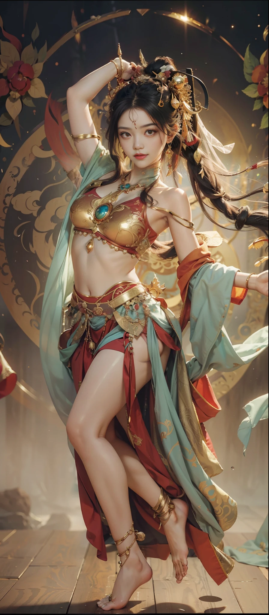Dunhuang style, 1girle, shoulders, navel, flying fairy, Dunhuang mural in background, dance, black hair, lots of hair, very long hair, intricate hair ornaments, ribbons, earrings, gold jewelry, hair bubbles, copper bells, red clothes, translucent, flowers on the head, gradient eyes, smile, barefoot, no shoes, full body portrait, surrealism, high detail, romanticism, cinematic lighting, glitter, reflected light, masterpiece, super detail, textured skin, anatomically correct, high detail, best quality, High quality, award-winning, 8K