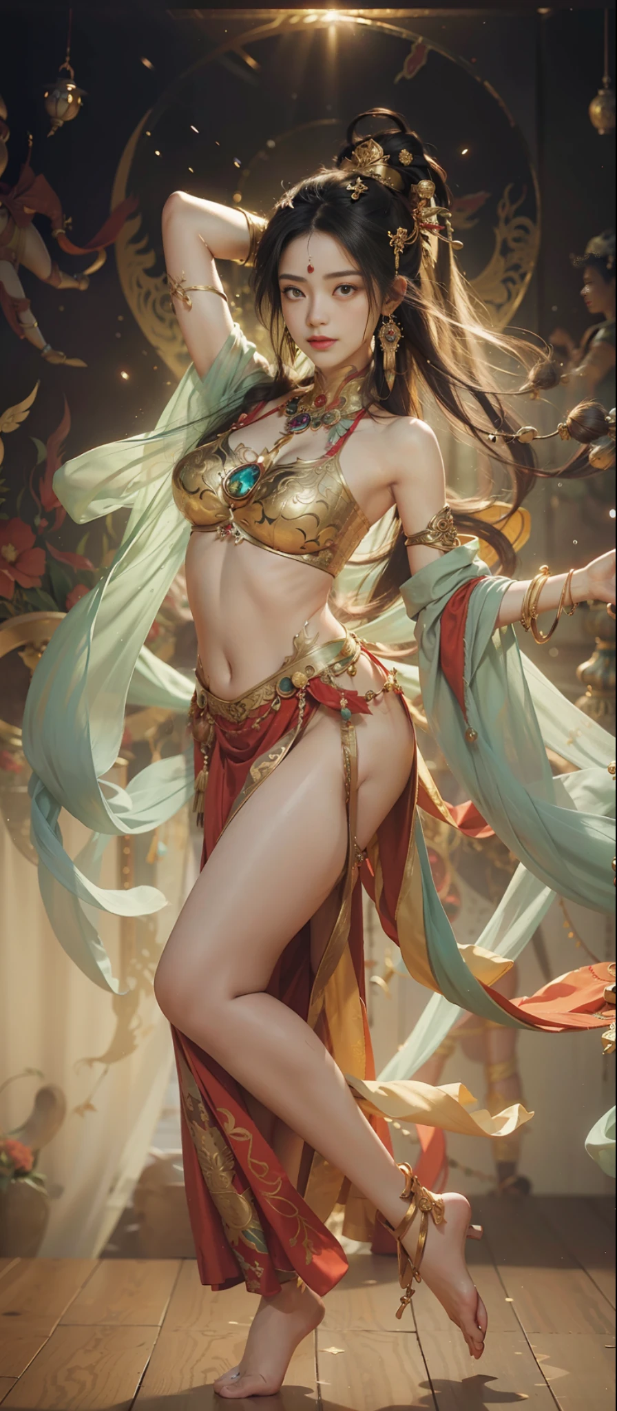 Dunhuang style, 1girle, shoulders, navel, flying fairy, Dunhuang mural in background, dance, black hair, lots of hair, very long hair, intricate hair ornaments, ribbons, earrings, gold jewelry, hair bubbles, copper bells, red clothes, translucent, flowers on the head, gradient eyes, smile, barefoot, no shoes, full body portrait, surrealism, high detail, romanticism, cinematic lighting, glitter, reflected light, masterpiece, super detail, textured skin, anatomically correct, high detail, best quality, High quality, award-winning, 8K