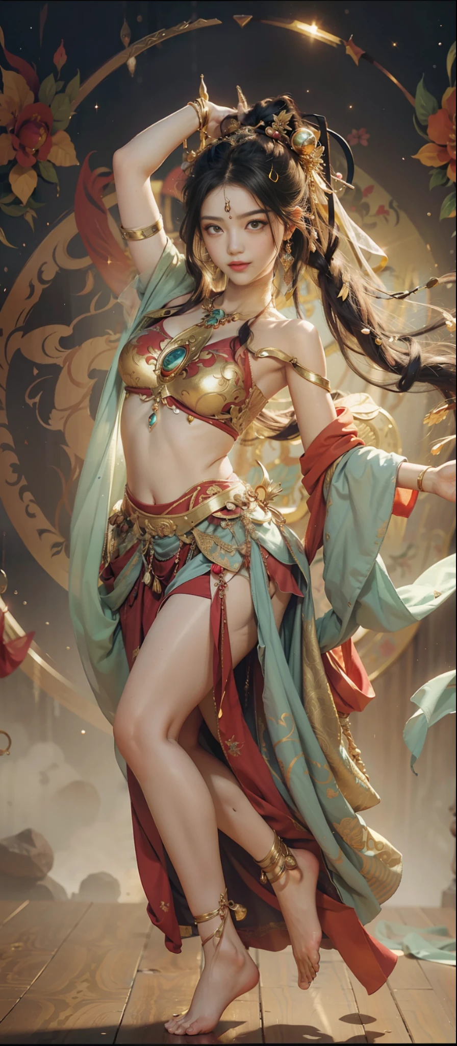 Dunhuang style, 1girle, shoulders, navel, flying fairy, Dunhuang mural in background, dance, black hair, lots of hair, very long hair, intricate hair ornaments, ribbons, earrings, gold jewelry, hair bubbles, copper bells, red clothes, translucent, flowers on the head, gradient eyes, smile, barefoot, no shoes, full body portrait, surrealism, high detail, romanticism, cinematic lighting, glitter, reflected light, masterpiece, super detail, textured skin, anatomically correct, high detail, best quality, High quality, award-winning, 8K