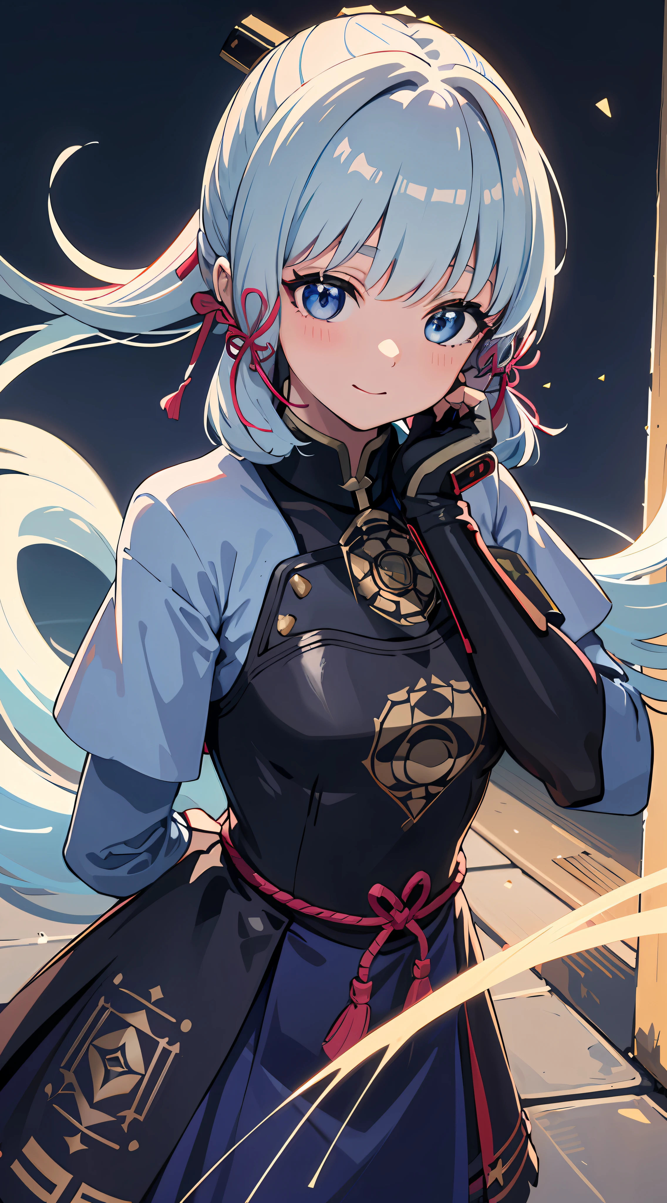 (((masterpiece))), 4k res, highly detailed, (((extremely detailed eyes))), detailed background, cinematic lighting, crystal clear eyes, high quality, highres, ultra-detailed, 8k, best quality, 1girl, solo, shadow, backlighting, light particles, Thick Eyelashes, Wide Sleeve, thick thighs, (masterpiece:1.3), (the best quality:1.2), (super fine illustrations:1.2), (Masterpiece), high quality, high detail,(SOLO:1.4),((round image)),[(cyberpunk:1):5], cyberpunk, whole body, 1girl, kamisato ayaka, smile, blush, closed mouth, cryokinesis, black gloves, thick, arms behind back, hands on hips, hands on own chest,