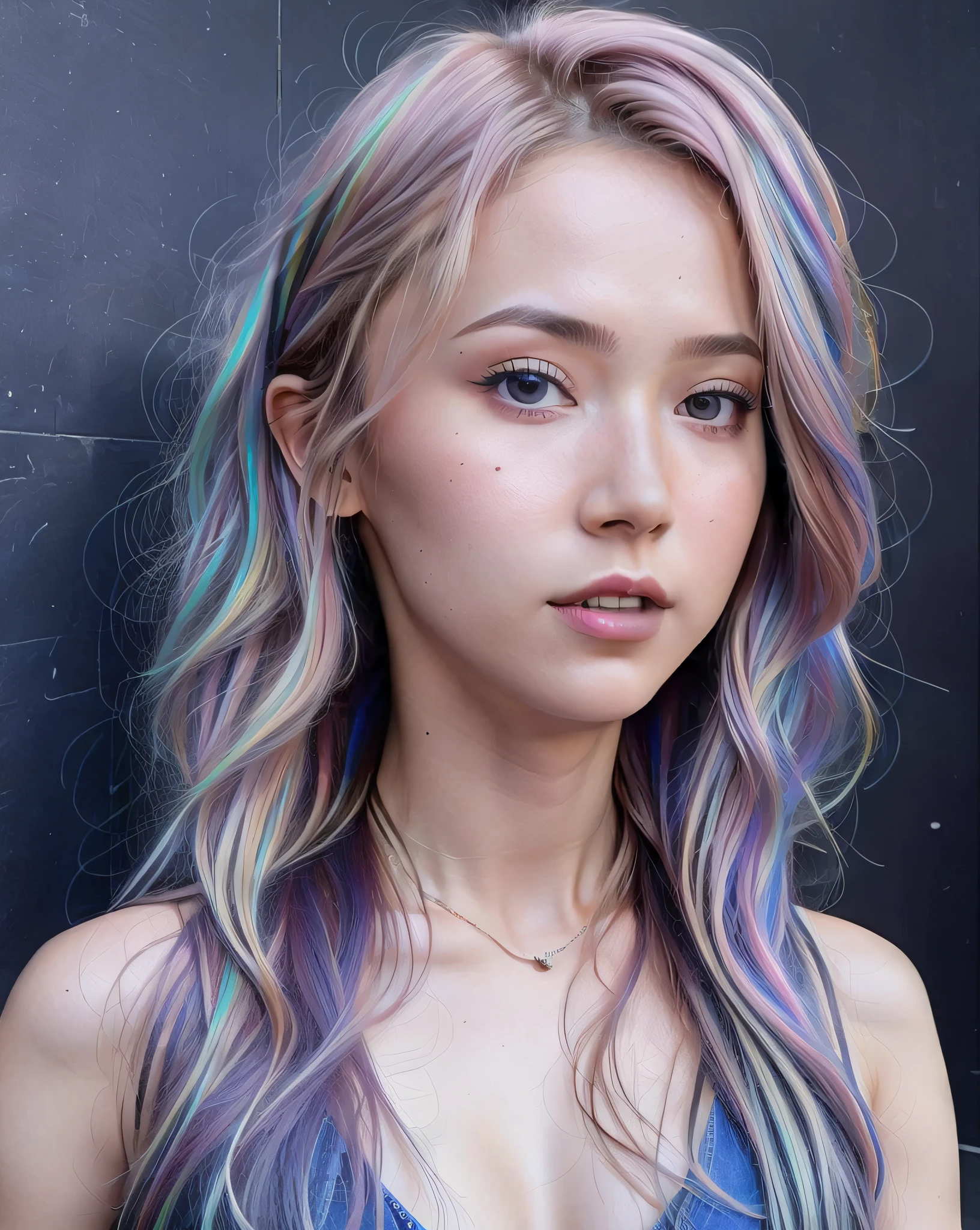 Victoria Gavrilenko, sexy girl, Instagram model, casual pose, narrow waist and thick hips, (iridescent neon hair: 1.2), (hyper-detailing of eyes and skin: 1.2), smile, correct anatomy of the body, (portrait in the style of David Barnett · Newton Hellmuth · Yuri Arkurs ), HDMI, high-professional, detailed, perfect gradient, masterpiece, dslr, 8k uhd, Nikon D3X, HTF, ISO200, f/2.8, 70mm,