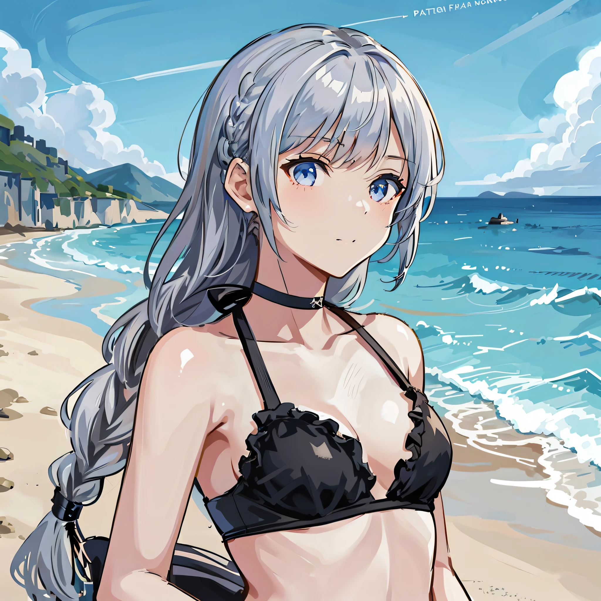 anime girl in a bikini on the beach with a blue sky, kantai collection style, from girls frontline, fine details. girls frontline, girls frontline style, girls frontline cg, girls frontline universe, girls frontline, trending on artstation pixiv, marin kitagawa fanart, official artwork, from the azur lane videogame, pixiv, silver hair girl
