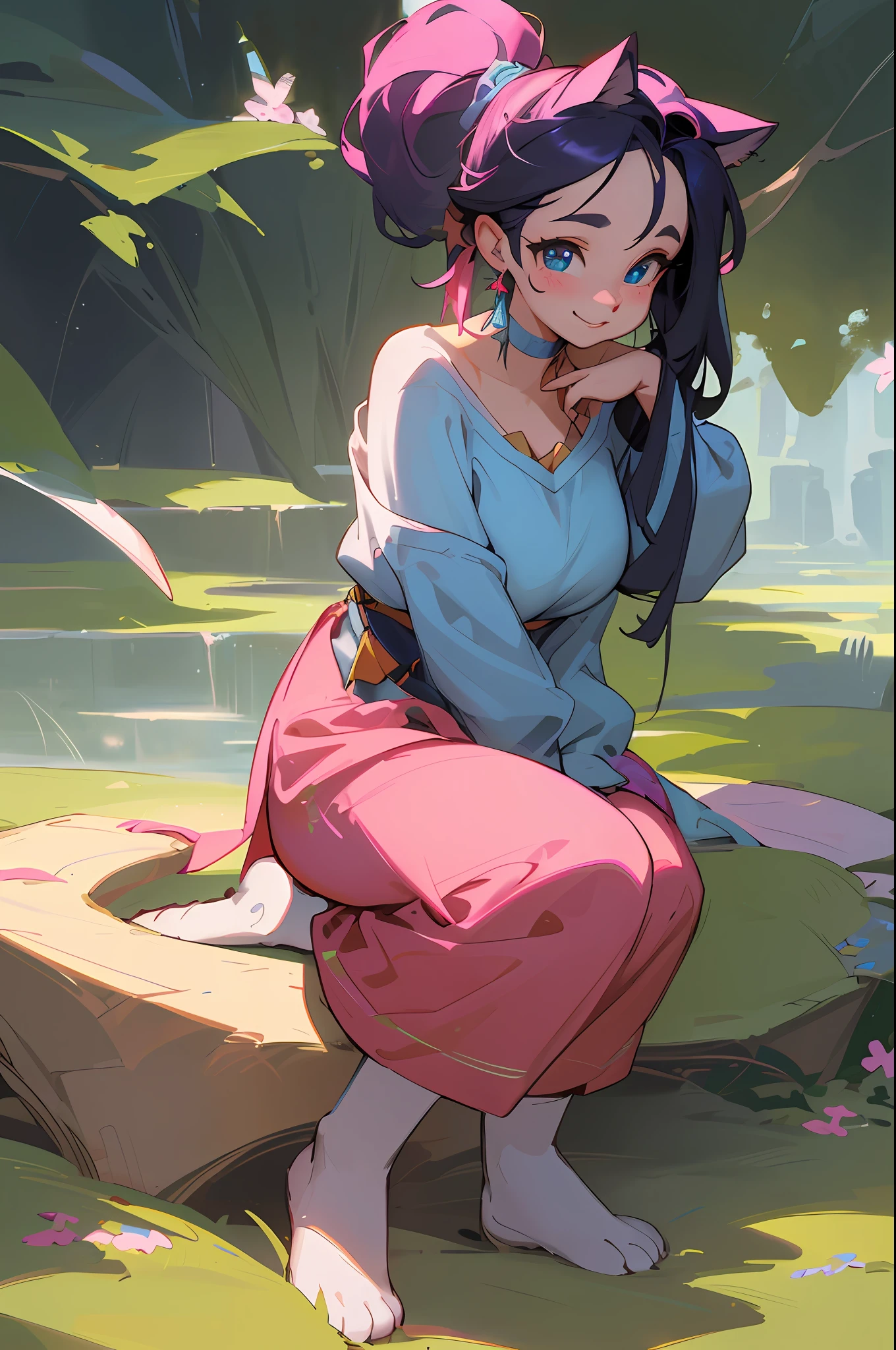 Jasmine, single woman, big tits , hug(( cat:pink , furry, cute. )) ((Skin Blue))(( yallow eyes)) ,solo, looking at the viewer, smile, shirt, bare shoulders, jewelry, sitting, full body, flower, earrings, pants, off shoulder, short top, make-up, sitting on the edge of the palace balcony, white tiles, night, stars , Off Shoulder Shirt (Realism: 1.2), (Realism), (Masterpiece: 1.2), (Best Quality), (Highly Detailed), (8k, 4k, Intricate), (Full Body Shot: 1), (85 mm), light particles, lighting, (highly detailed: 1.2), (face detailed: 1.2), (gradients), sfw, color, (eyes detailed: 1.2) (background detailed), landscape detailed, (dynamic angle: 1.2 ), (dynamic mode: 1.2), (third configuration rule: 1.3), (work path: 1.2) --style of Glen Keane