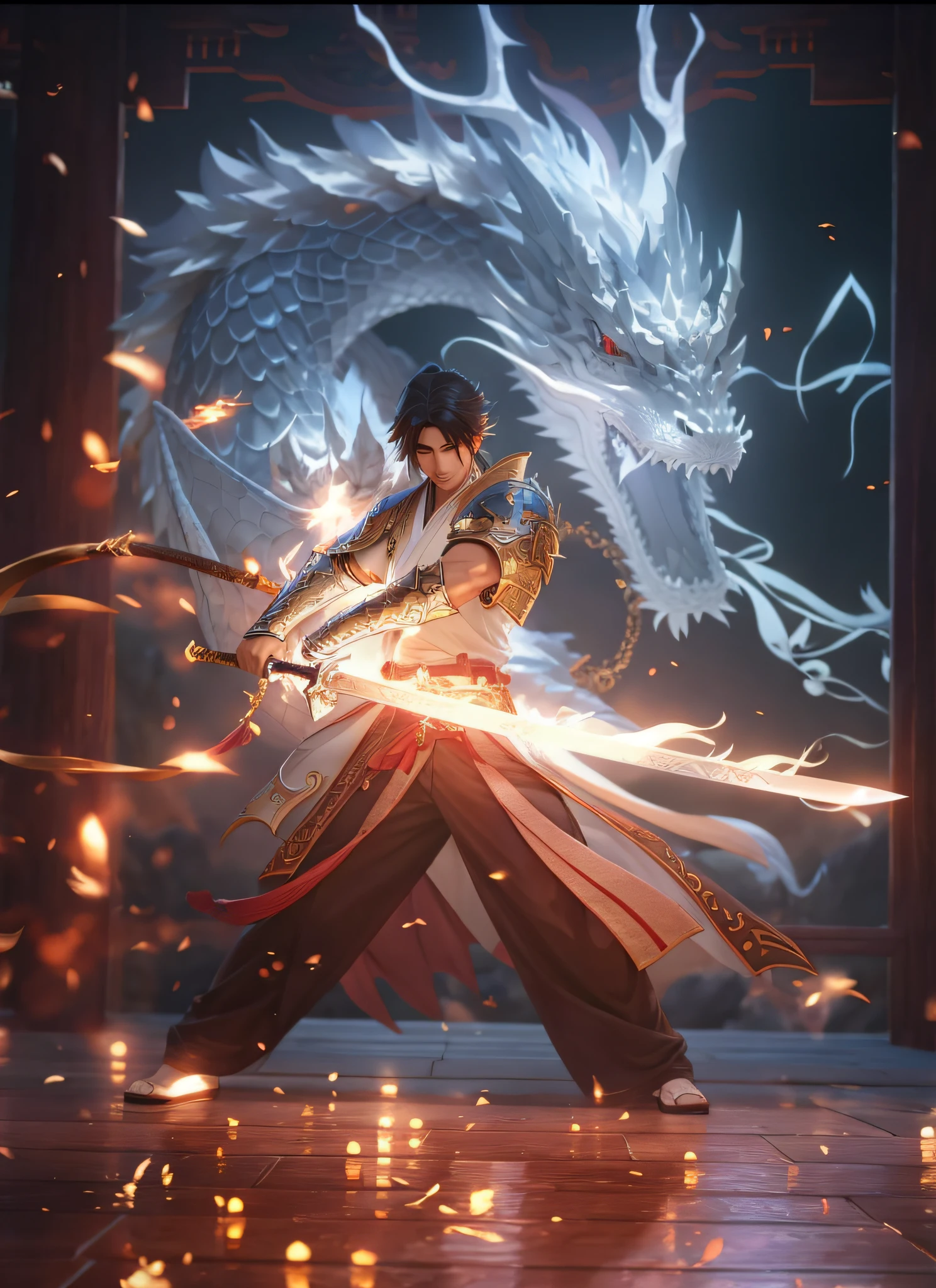 a man in a white shirt holding a sword in front of a dragon, ross tran and bayard wu, keqing from genshin impact, heise jinyao, by Yang J, human and dragon fusion, 2. 5 d cgi anime fantasy artwork, inspired by Kanō Hōgai, anime epic artwork, zhongli from genshin impact