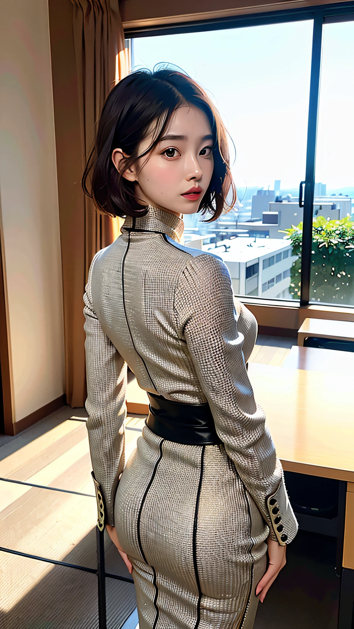 (Top Quality, 8k, Masterpiece, UHD: 1.2), 1 girl, beautiful Japan woman, constricted waist, office lady, office, sunshine, desk, sticking ass out. shorthair, bob, Japan, brown hair, drooping eyes, high neck, dress