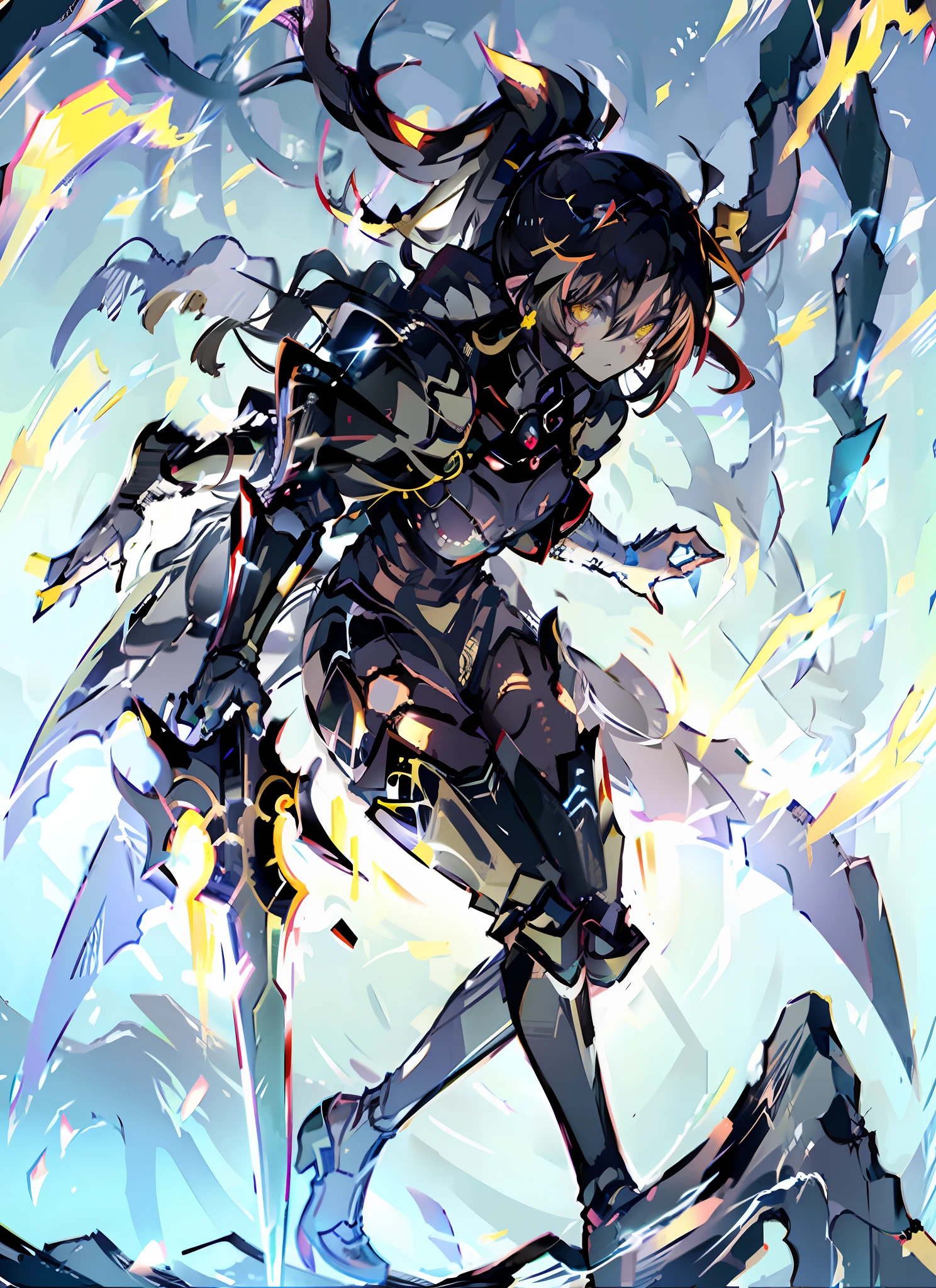 ((Girl)), ((Gorgeous bloody night sky with golden blades on the ground, Background)), ((Ultra Definition)), ((Best Illustration)), ((Cinematic Lighting)), Dynamic Angle, Floating, Detail, (Glitter: 1.2), (Shine: 1.2), (Shine: 1.2), Classic, (Paint: 1.1), (Sketch: 1.1), (Best Quality), (Masterpiece: 1.2), (Anime-style), ( Solo), Beautiful Detail Face, (Big Eyes: 1.3), black Hair, (ponytail Hair: 1.2), (Floating Hair: 1.2), (Suit), Detailed Costumes, (Shining Sword: 1.3), (Magic Effects: 1.3), (Cute Boots: 1.1), (Transparent Fabric: 1.1), (Glitter: 1.2), (Glow: 1.2), (Glow: 1.2), (Shine: 1.2), (Flicker: 1.2), (Dazzle: 1.2), big breasts, full body, (black and red samurai armor), (yellow eyes) , (yellow horns) , crystal blades floating around her