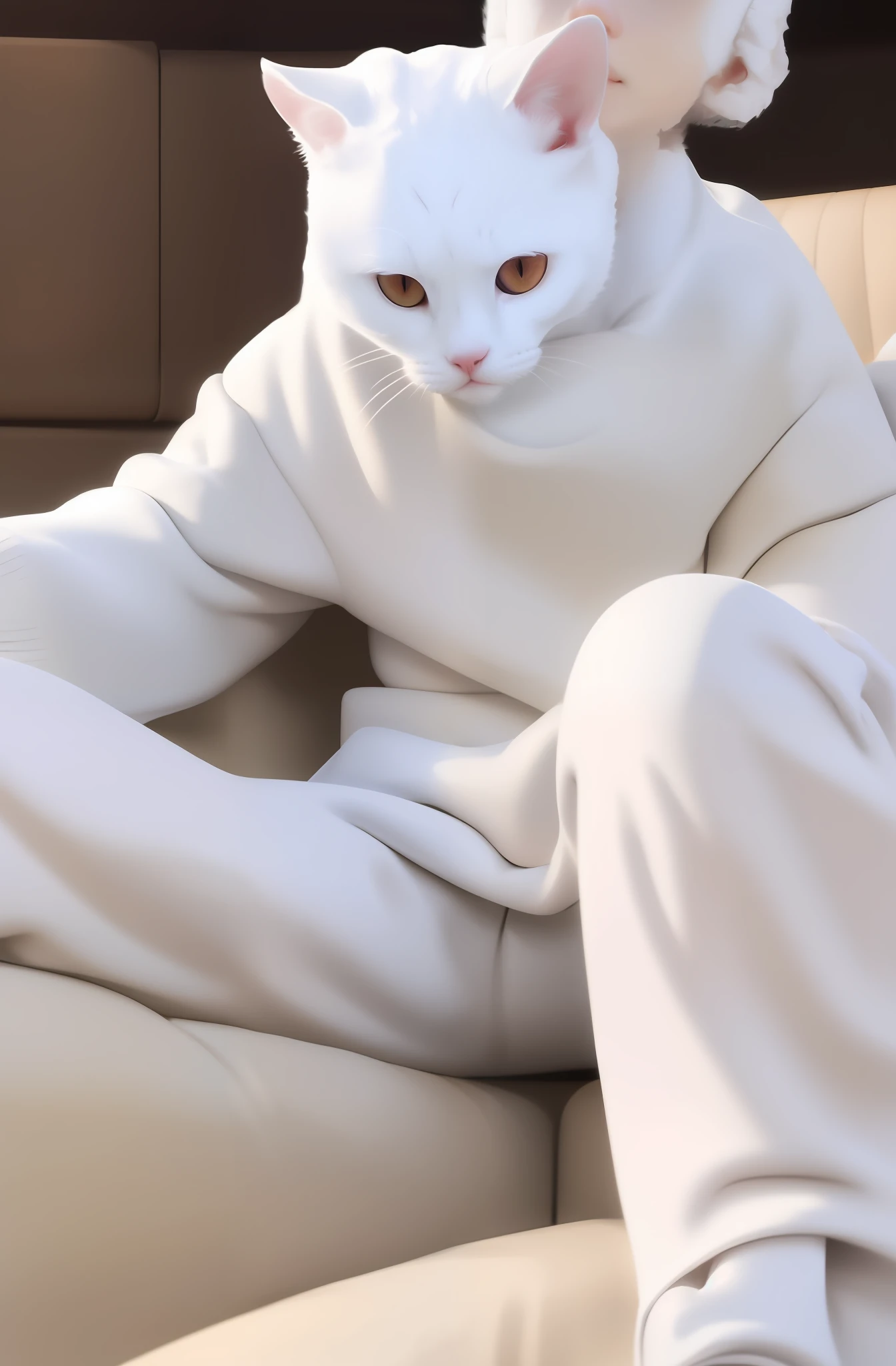 Pure white Devon Rex cat, female, sitting on a comfortable sofa, grabbing a coffee cup with one front paw and the other gesture "love". illustration