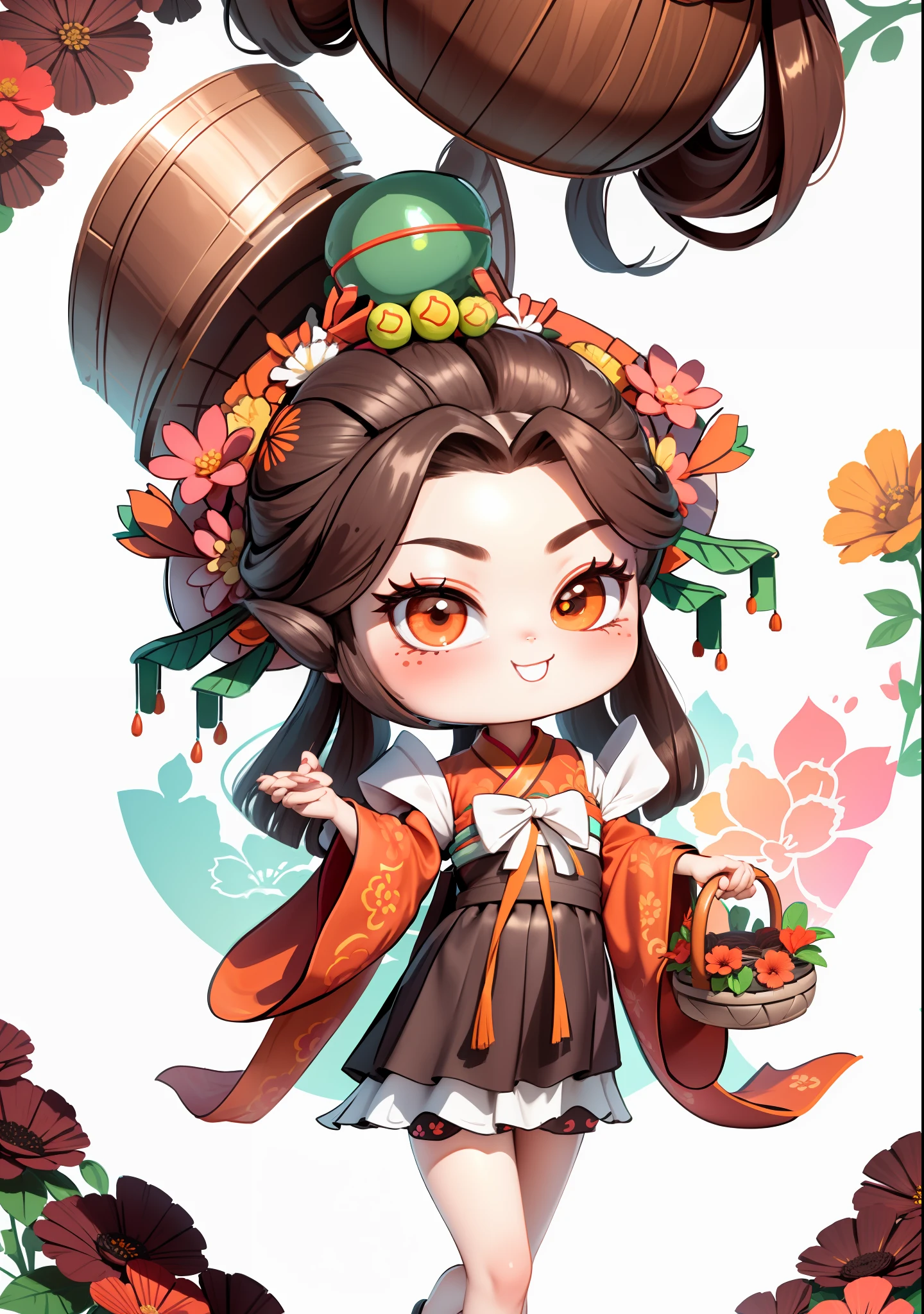 Cartoon girl holding a basket of flowers in her hand, girl in Chinese-style costume, dark brown hair, ancient Chinese bun, another hand holding a bowl with dew, orange-red bow, emerch-colored skirt, white water hibiscus flowers on both sides of the hair, some metallic flower headdresses, the scene has two butterflies frolicking, macaron color, bright color blocks, bright colors, line art, infinite details, fine painting, beautifully depicted, blank background 8k,