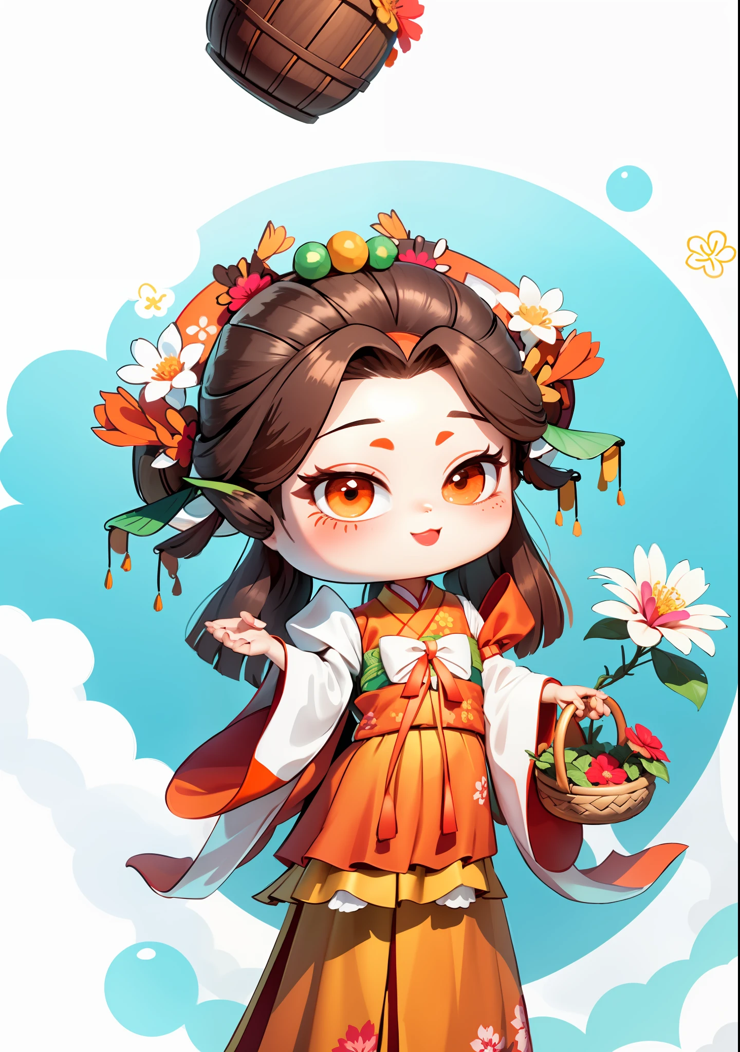 Cartoon girl holding a basket of flowers in her hand, girl in Chinese-style costume, dark brown hair, ancient Chinese bun, another hand holding a bowl with dew, orange-red bow, emerch-colored skirt, white water hibiscus flowers on both sides of the hair, some metallic flower headdresses, the scene has two butterflies frolicking, macaron color, bright color blocks, bright colors, line art, infinite details, fine painting, beautifully depicted, blank background 8k,