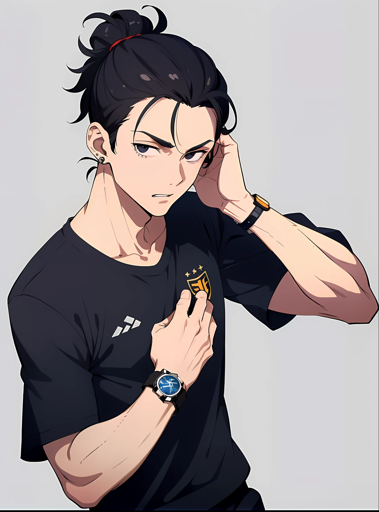 (masterpiece), (best quality), (super detail) expressive eyes, perfect face, ((man)), 1man, lazy eye, normal skin, (wearing soccer kits player), black eyes, ear piercing, man bun black hair, eyes look at the watch, look at the wristwatch, wristwatch, raise hands, (without background), (simple background)