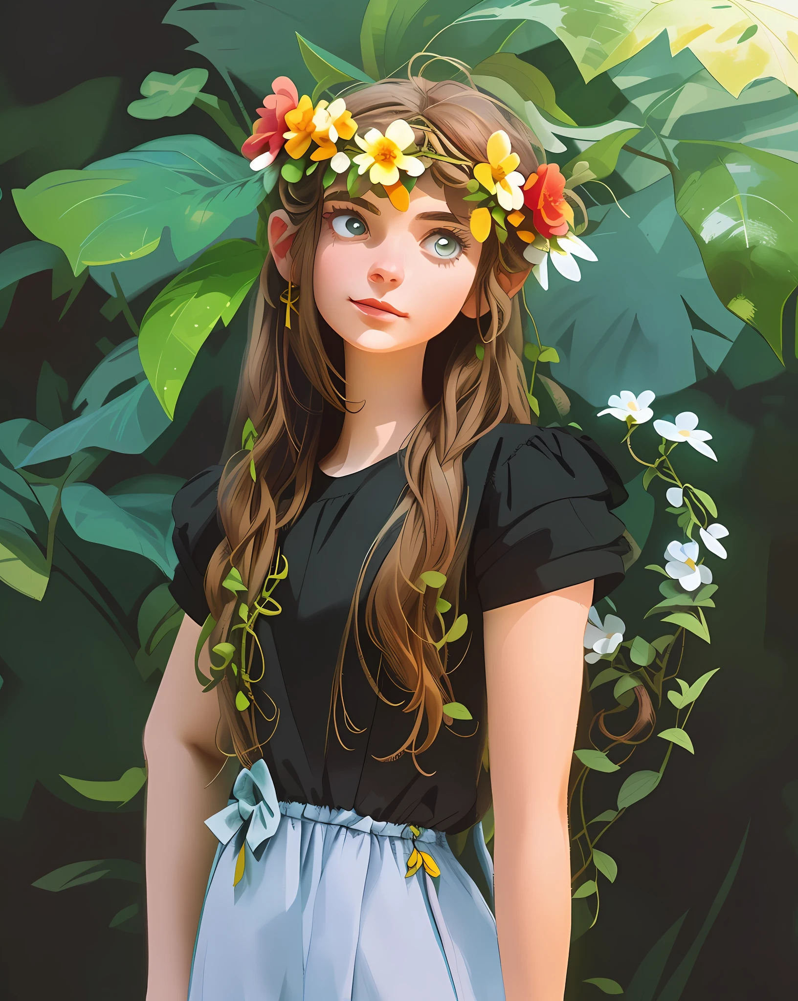 Two-dimensional, HD, cartoon, (best detail) (best quality), a young woman with a garland